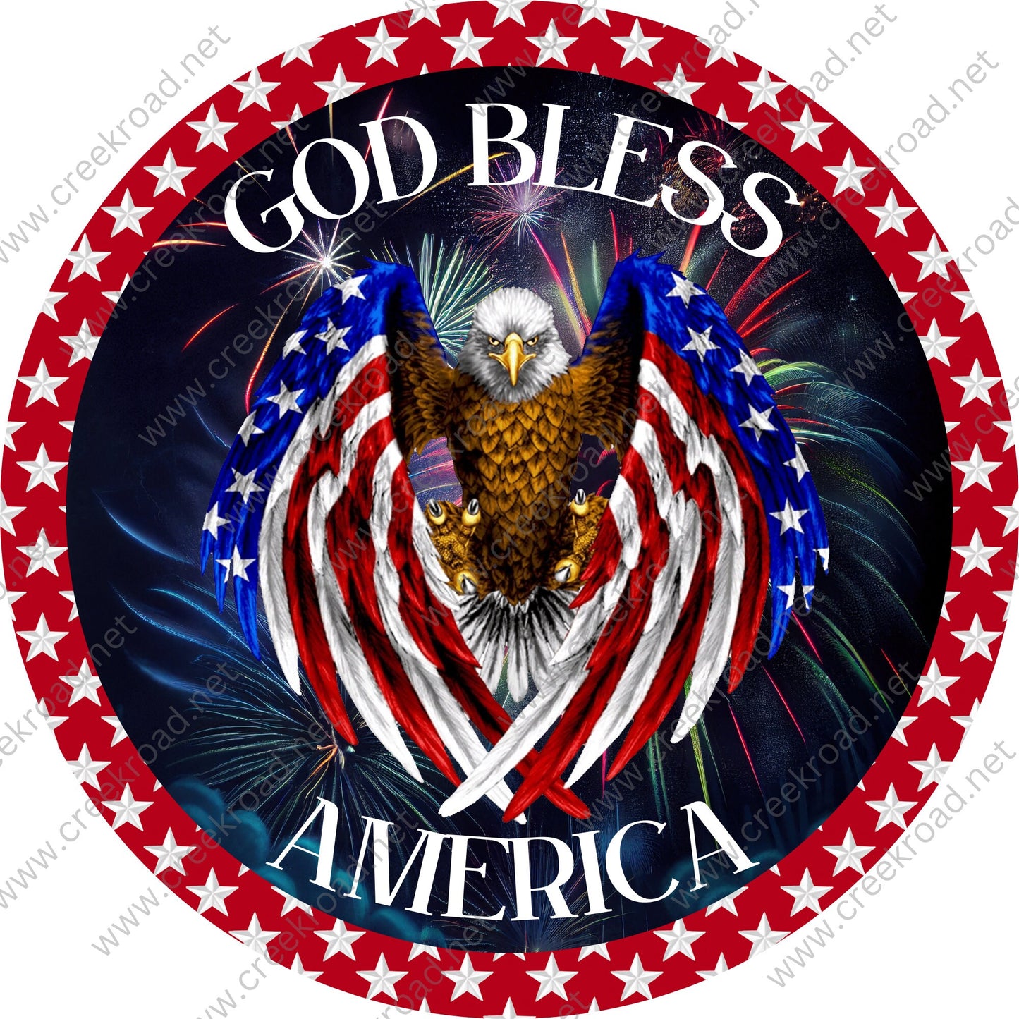 God Bless America Flying American Eagle with Fireworks Background Red White Stars Border Wreath Sign-Sublimation-Decor-Attachment-Patriotic