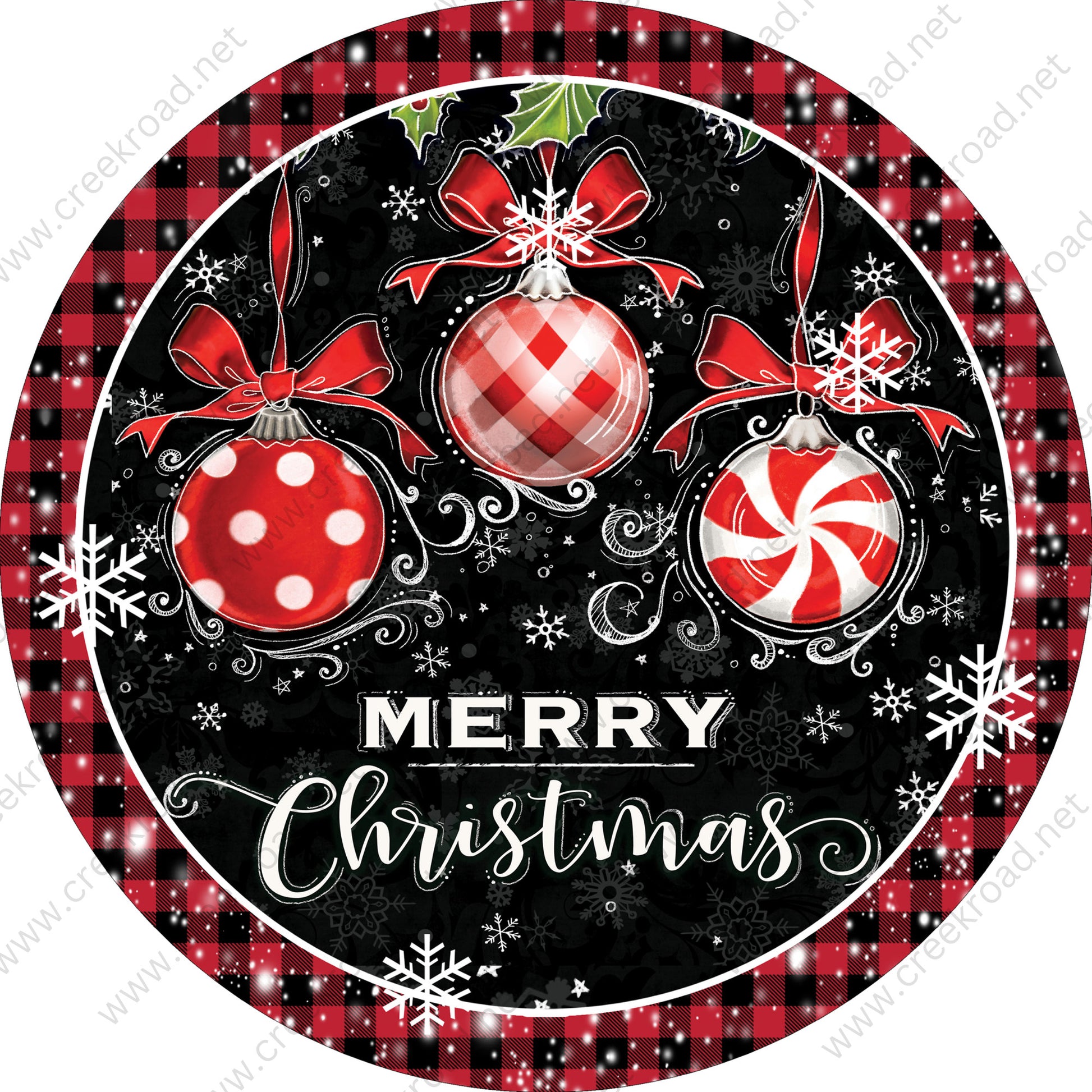 Merry Christmas 3 Red White Ornaments with Snowflakes on Black Red Gingham Background Wreath Sign-Christmas-Sublimation-Attachment-Decor