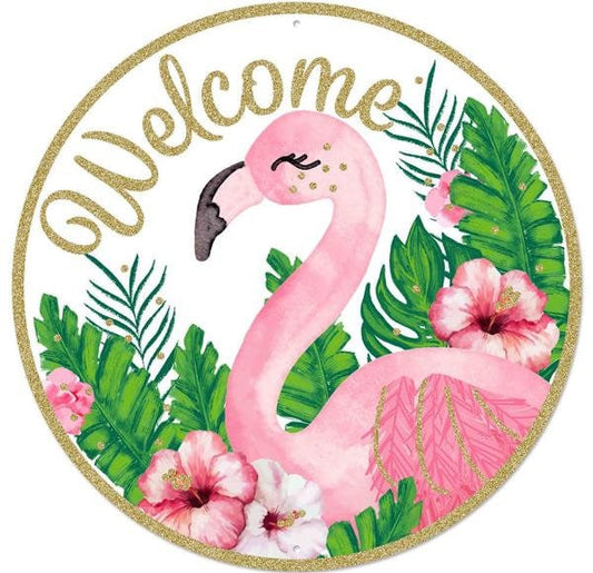 12"Dia Glitter Welcome Flamingo Sign-MD0830