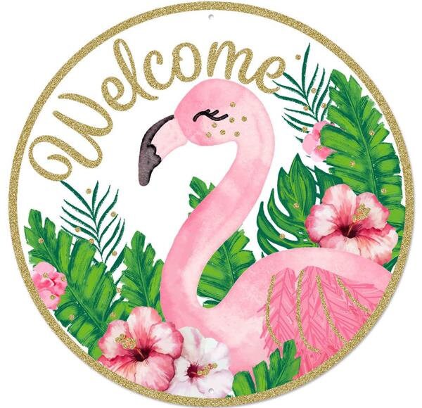 12"Dia Glitter Welcome Flamingo Sign-MD0830