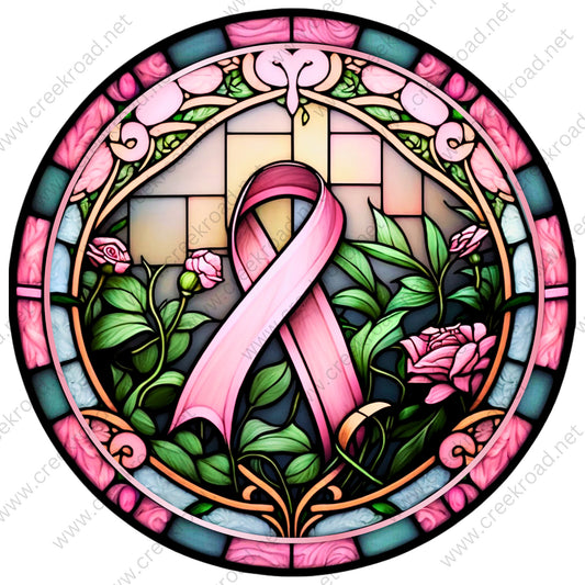 Breast Cancer Awareness Ribbon Faux Stained Glass Wreath Sign-Sublimation-Awareness-Pink-Round