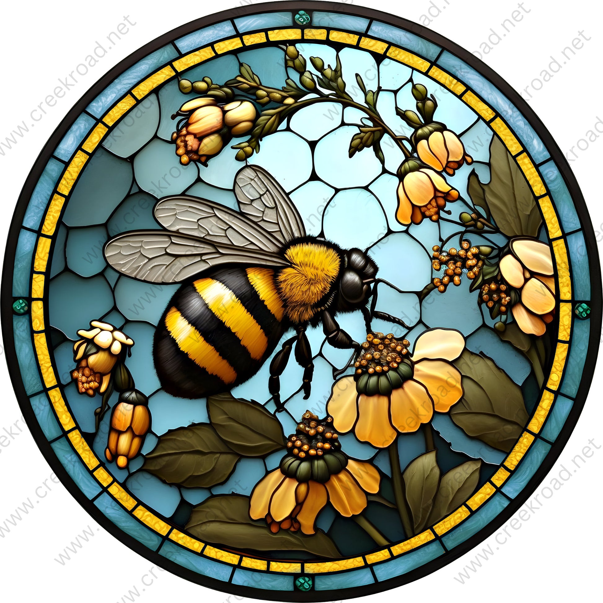 Large Bumble Bee on Spring Flowers with Blue Background Faux Stained Glass Wreath Sign Attachment-Sublimation-Round-Summer Decor