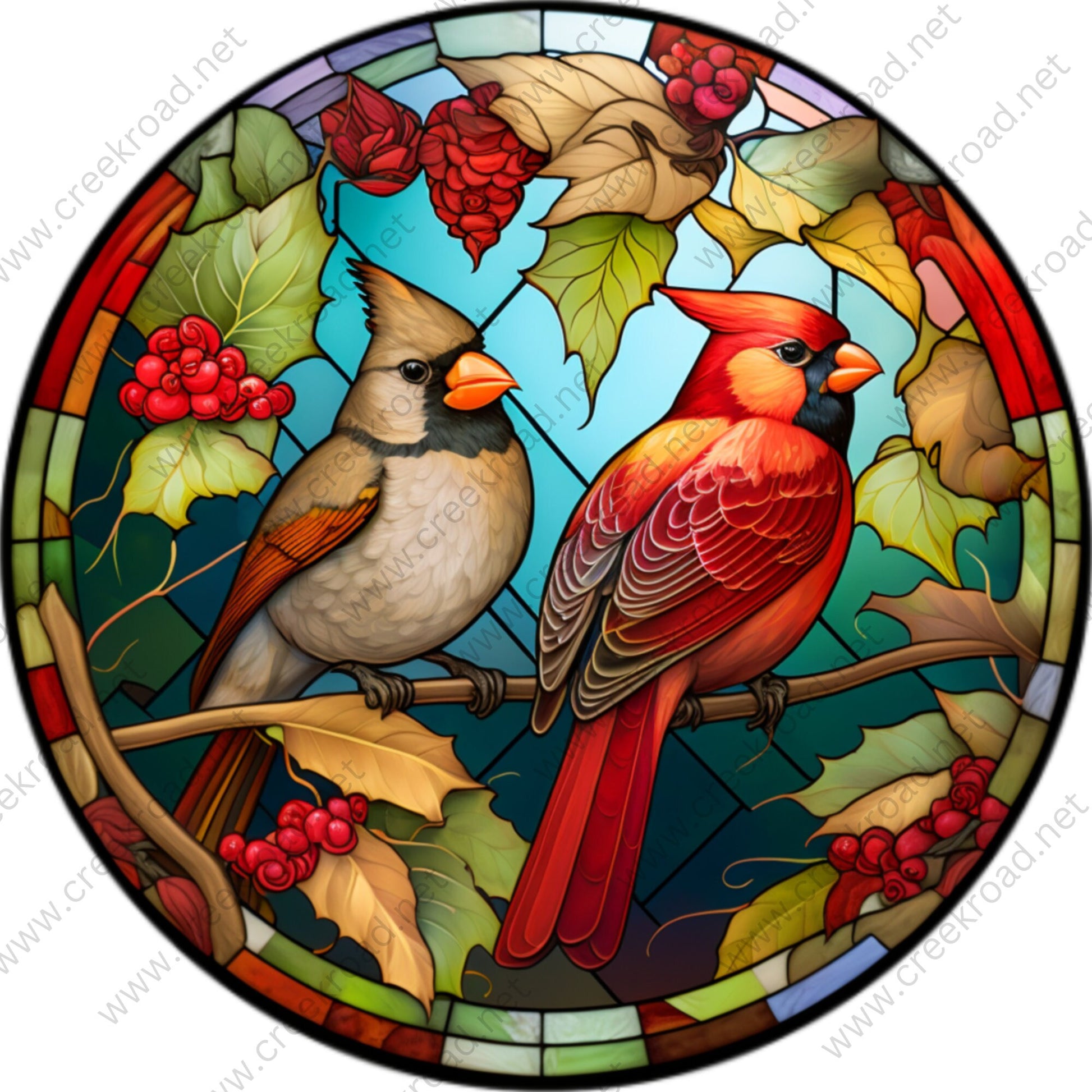 Vibrant Set of Red Cardinals in Holly Bush Faux Stained Glass Wreath Sign-Round-Sublimation-Aluminum-Attachment-Decor