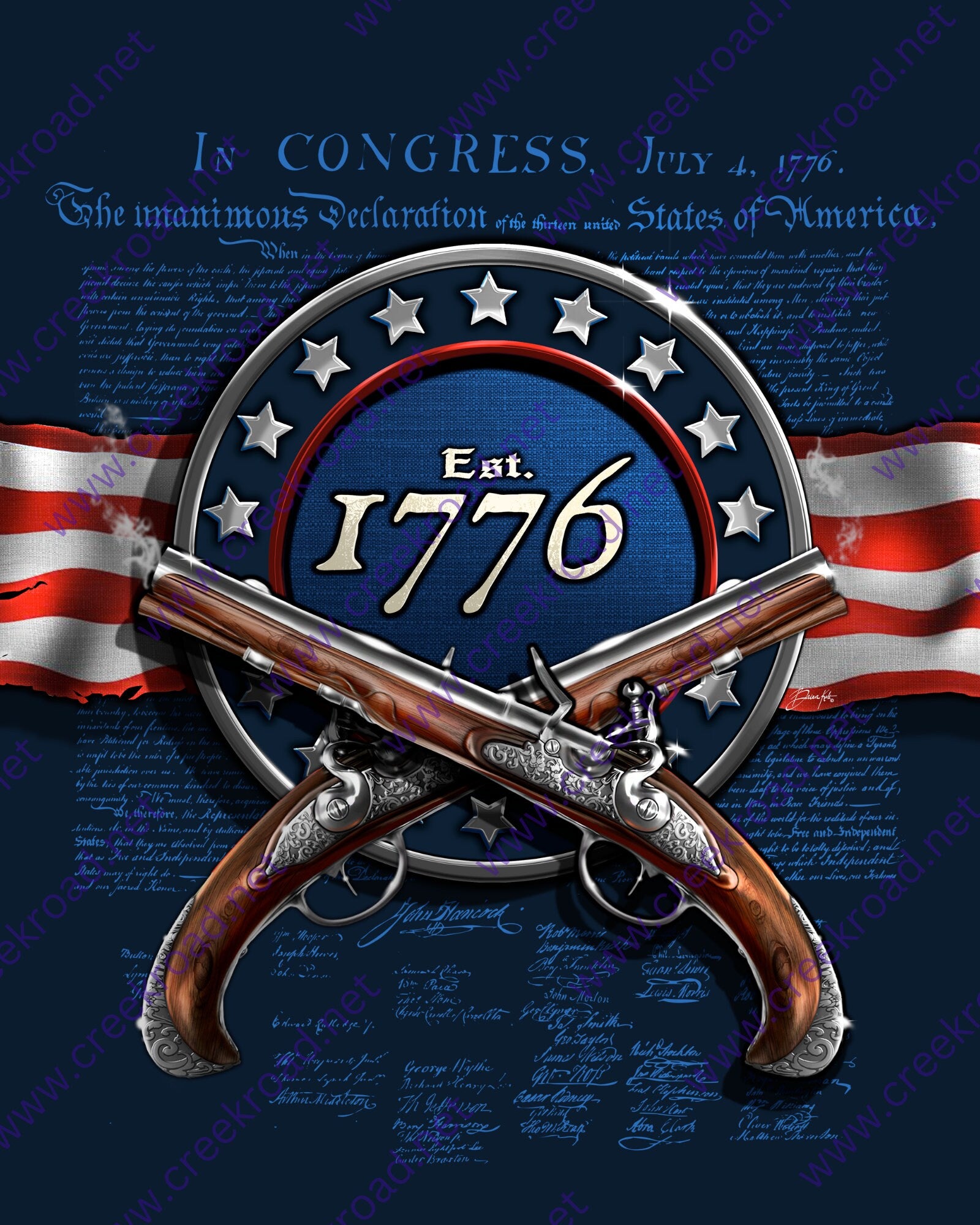 Declaration of Independence Established 1776 Flint Lock Pistol Patriotic 8" x 10" Rectangle Wreath Sign-Sublimation-Aluminum-Attachment