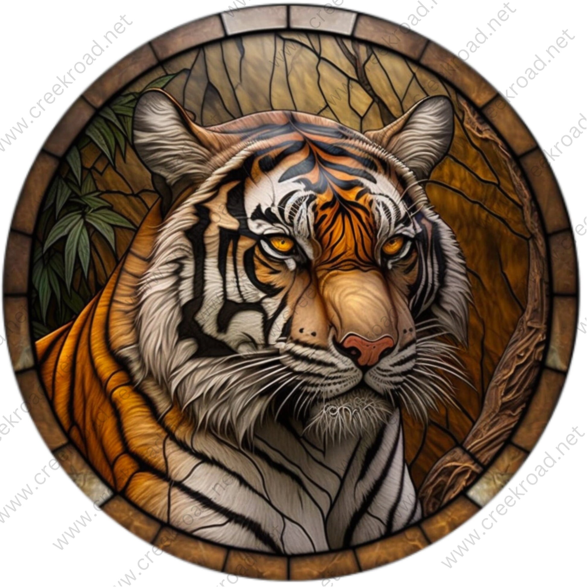 Orange Bengal Tiger in Jungle Faux Stained Glass Wreath Sign-Round-Sublimation-Aluminum-Attachment-Decor