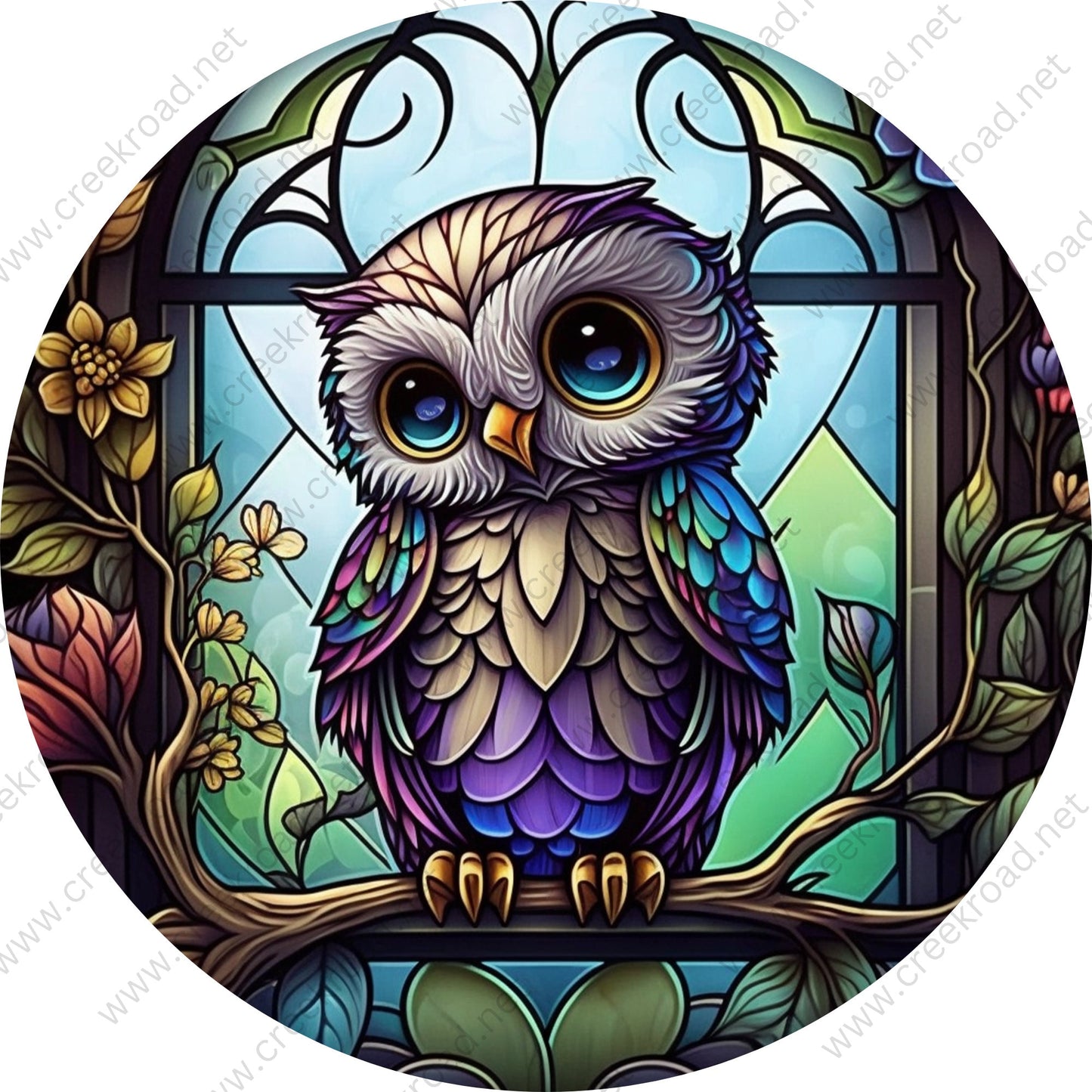 Large Eyes Multi Color Owl Perched On Tree Limb Faux Stained Glass Wreath Sign-Round-Sublimation-Aluminum-Attachment-Decor