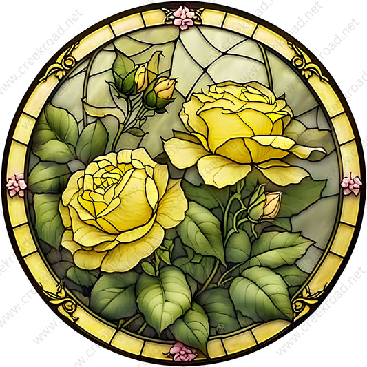 Yellow Roses of Texas with Pink Border Accents Faux Stained Glass Wreath Sign Attachment-Sublimation-Round-Summer Spring Decor