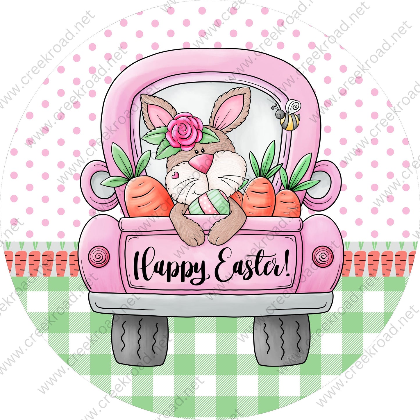 Happy Easter Rabbit in Pink Truck with Carrots Eggs Wreath Sign-Pink Polka Dot Background-Easter-Sublimation-Wreath Sign-Attachment