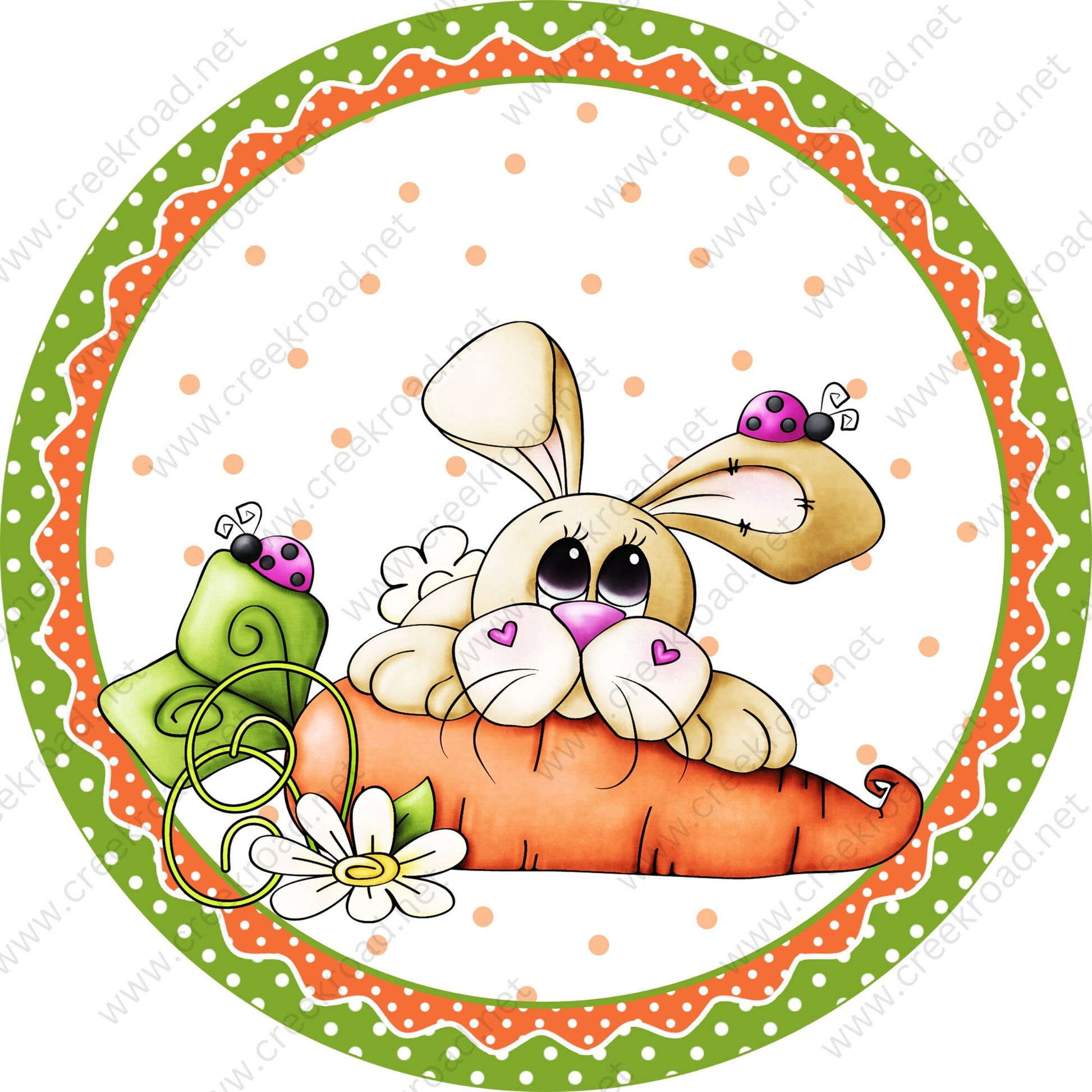 Easter Bunny with Carrot Lady Bugs Green Orange Polka Dot Border Wreath Sign - Customizable BlankSublimation - Easter- Metal - Sign