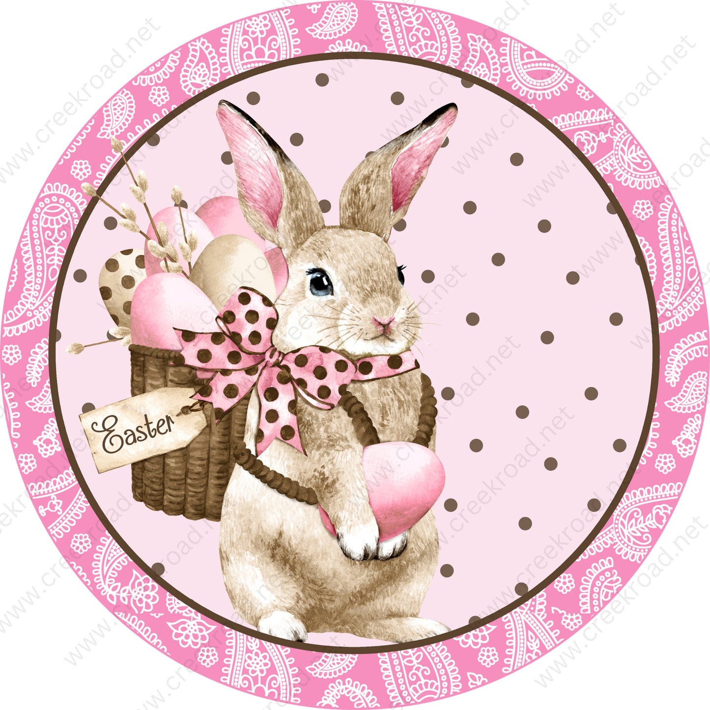 Bunny With Basket of Eggs Pink Brown Blank Wreath Sign - Sublimation - Easter- Metal Sign