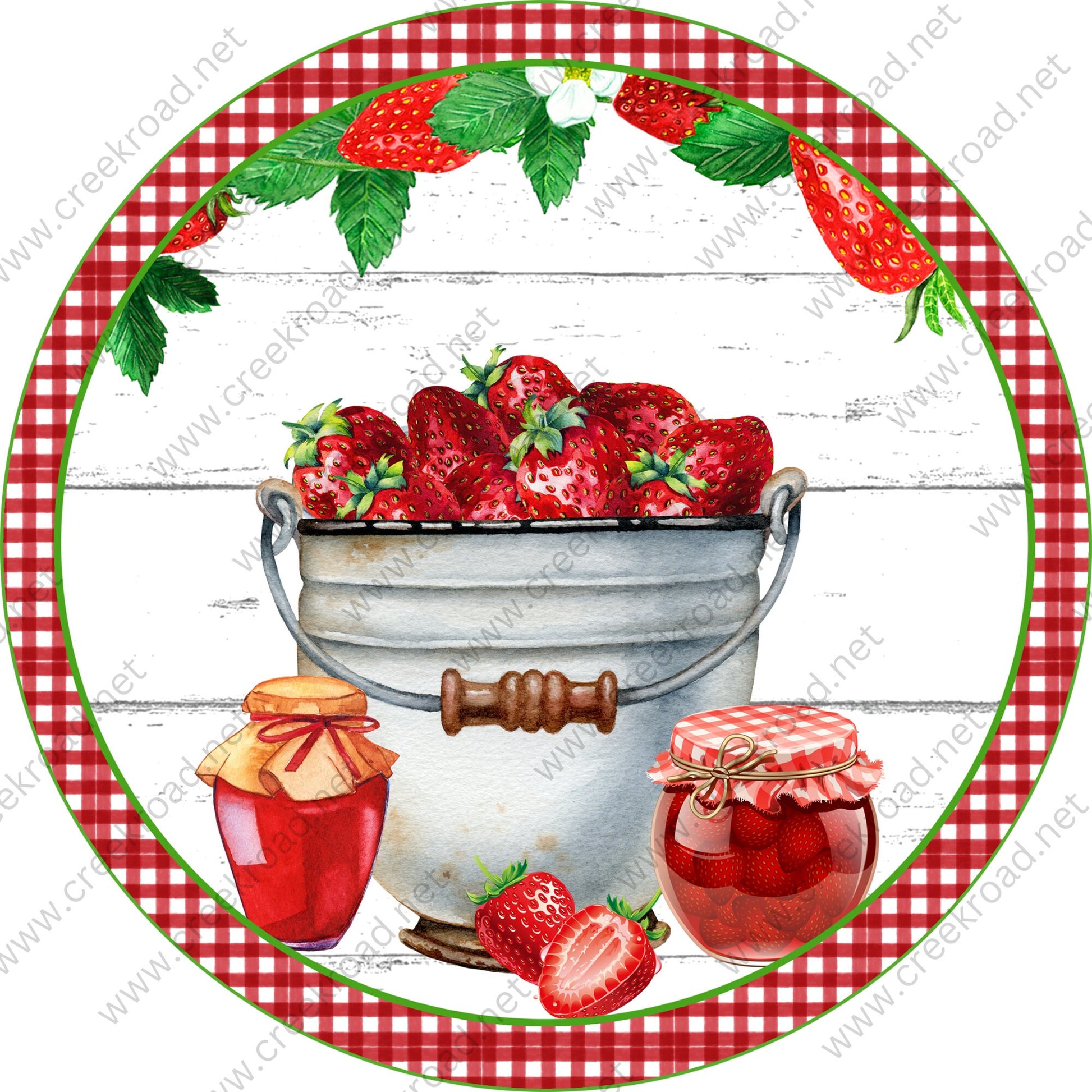 Bucket Full of Strawberries Jelly Jam Red White Checkered Border Wreath Sign-Sublimation-Spring-Metal Sign