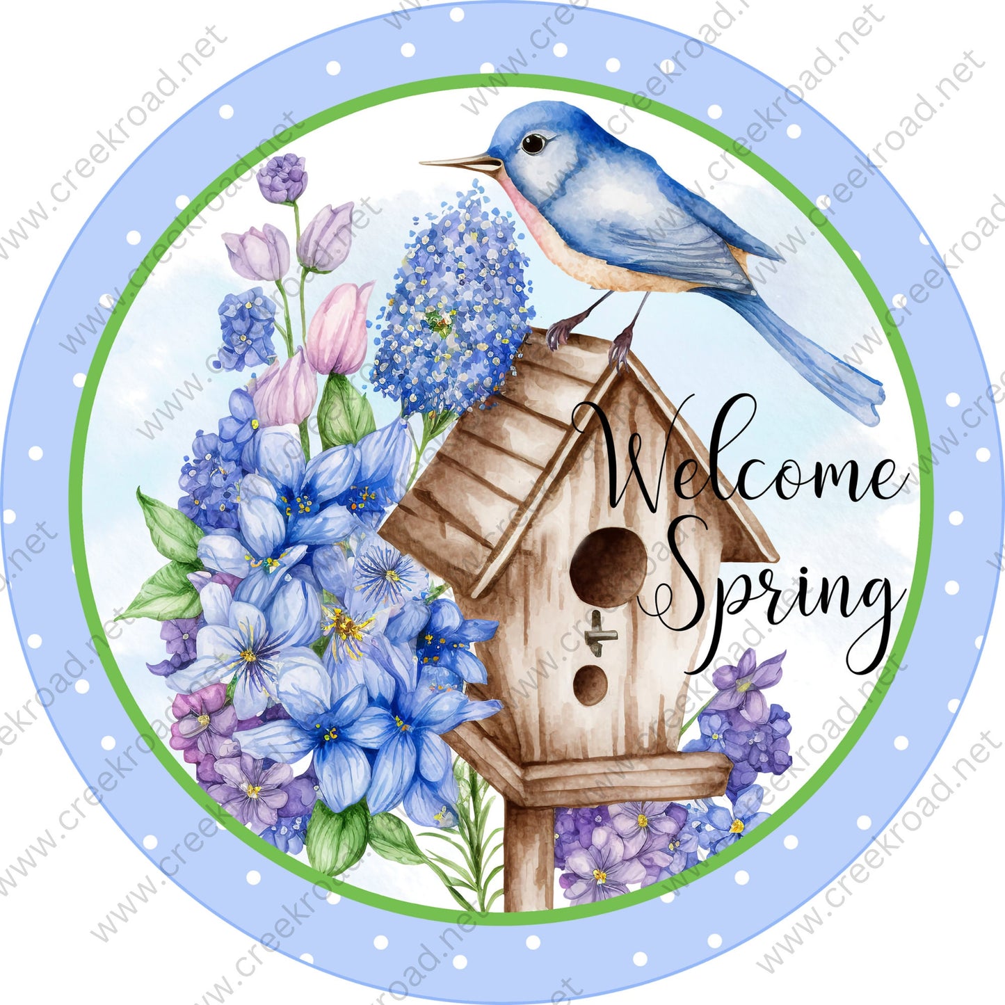 Welcome Spring Blue Bird Sits on Bird House with Blue Purple Florals White Polka Dots Wreath Sign-Sublimation-Spring-Metal Sign