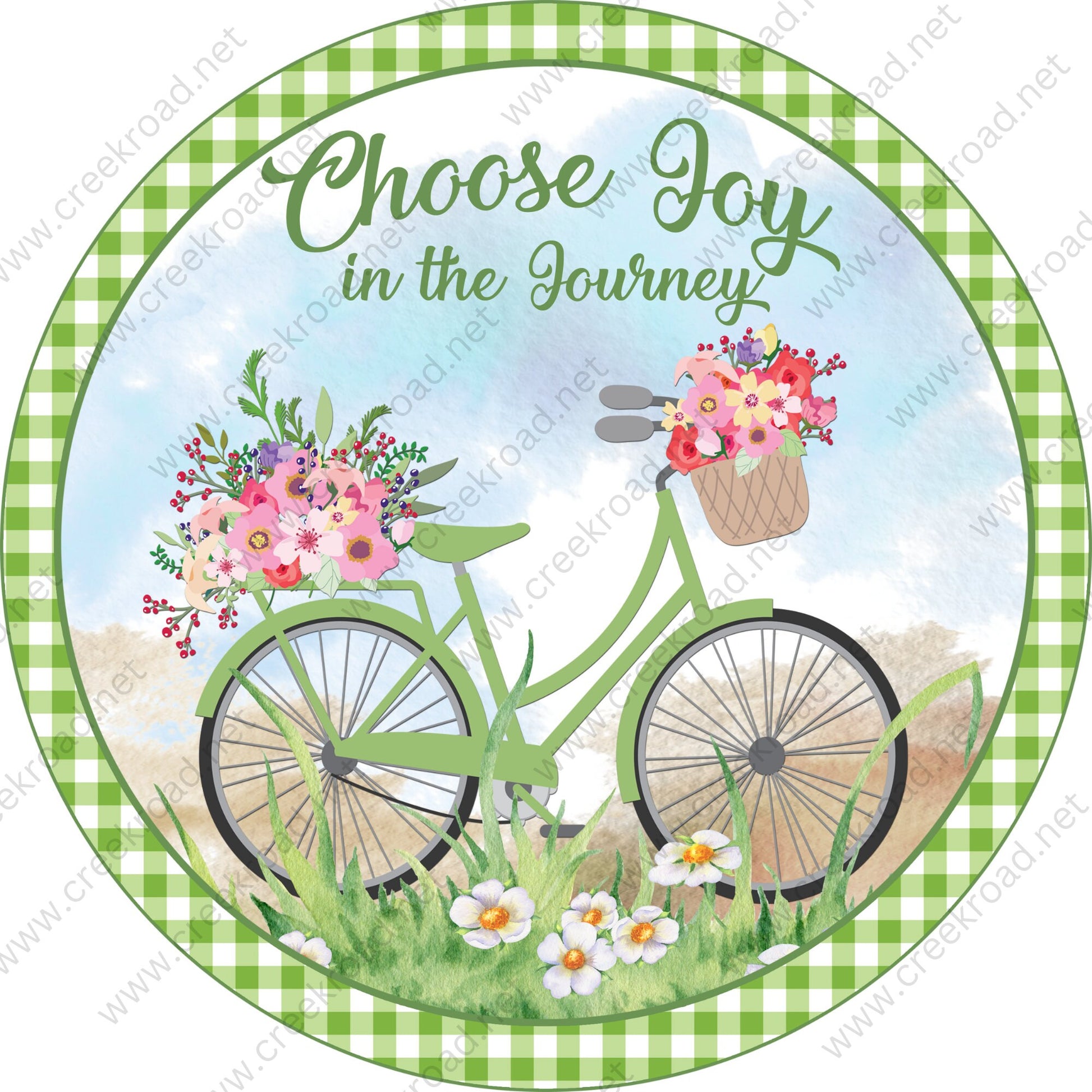 Choose Joy In The Journey Bicycle with Basket of Flowers Green White Checkered Border- Wreath Sign-Sublimation-Spring-Summer-Decor