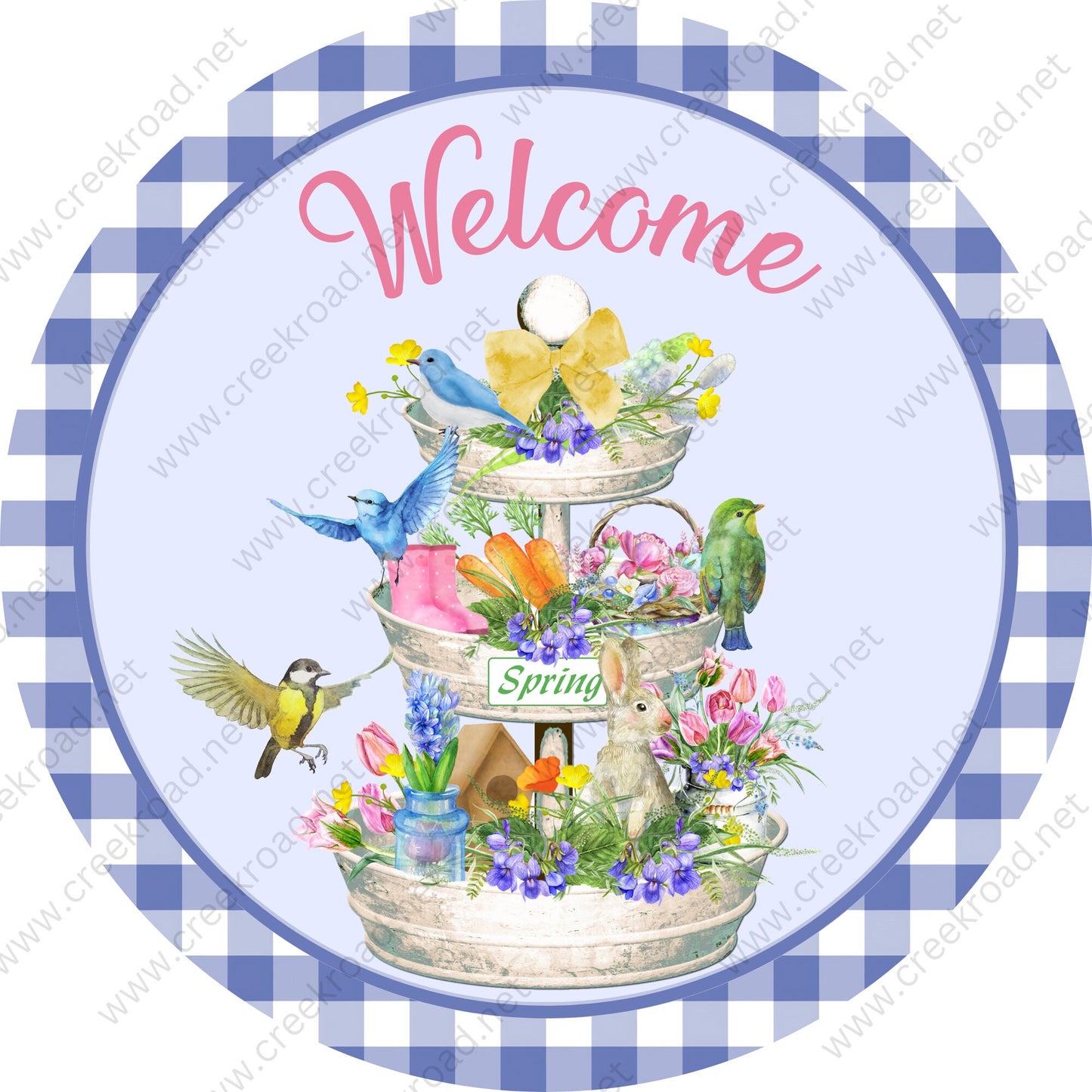 Welcome Spring Three Tiered Flower Tray with Birds Bunny Rabbit Yellow Bow with Blue White Checkered Border-Sublimation-Spring-Aluminum