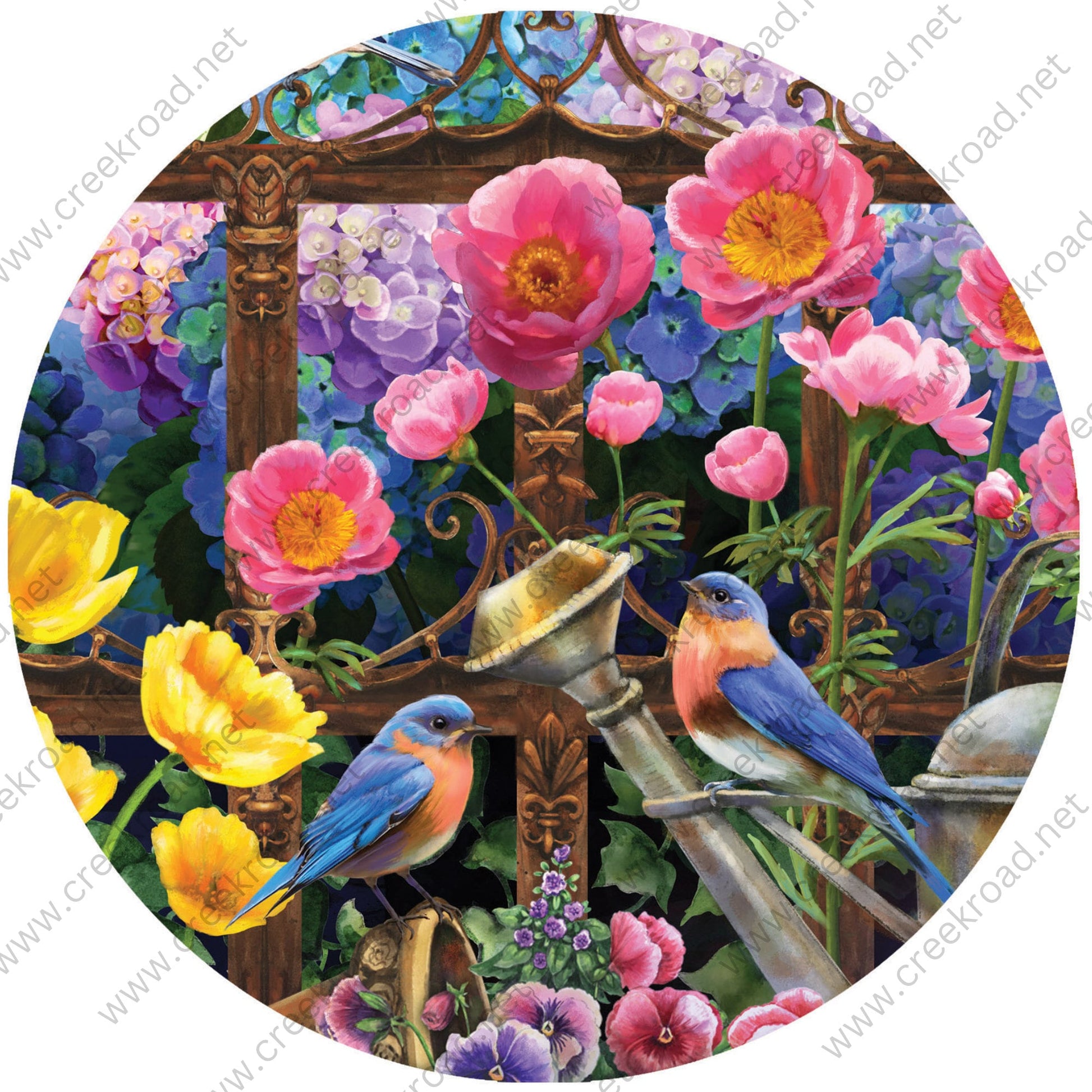 Colorful Hydrangea Garden with Blue Birds on Watering Can Wreath Sign-Blank-Sublimation-Aluminum-Attachment-Decor-Spring-Summer