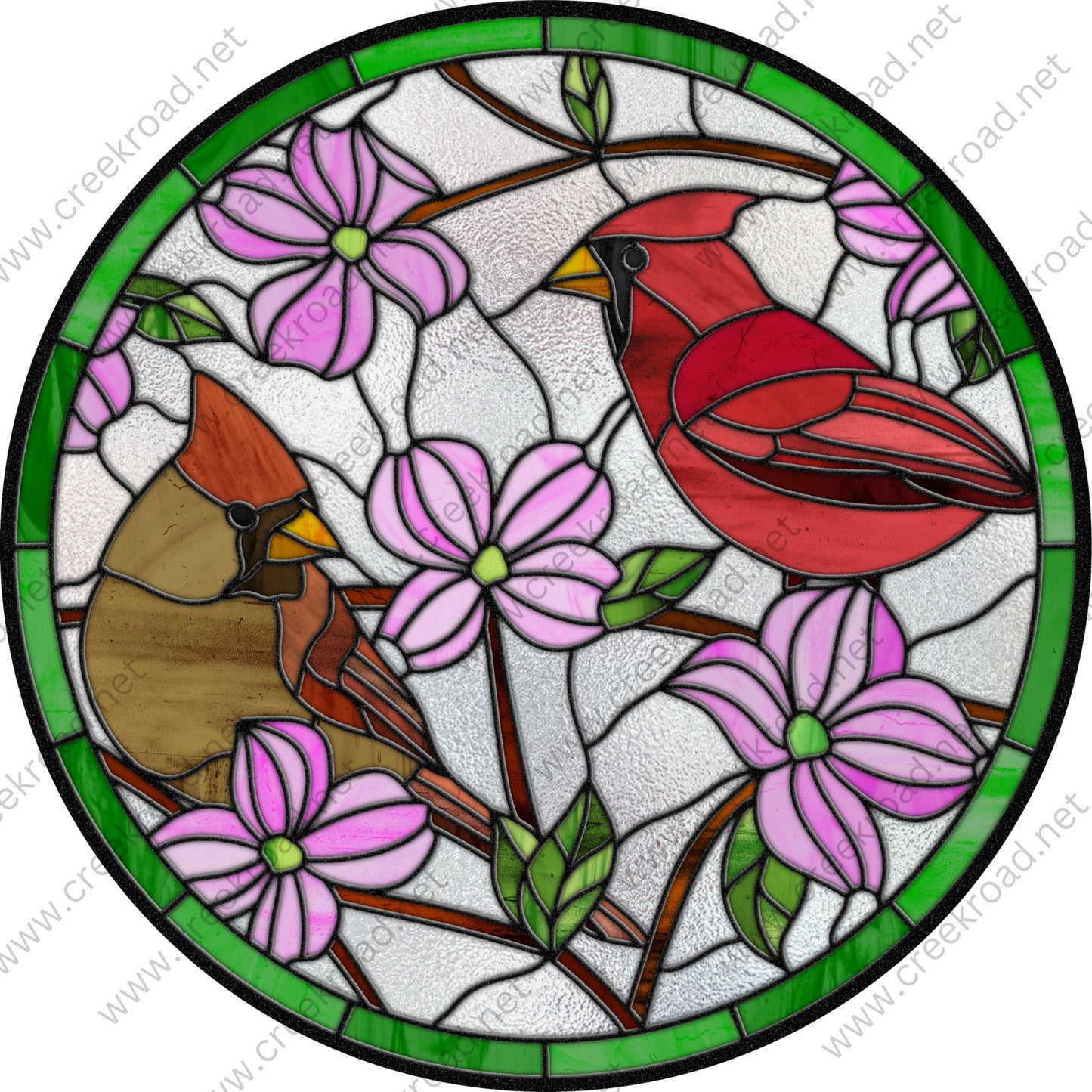 Cardinals Sitting on Flower Branch Green Border Faux Stained Glass Wreath Sign-Everyday-Wreath Sign-Sublimation Sign-Wreath Attachment