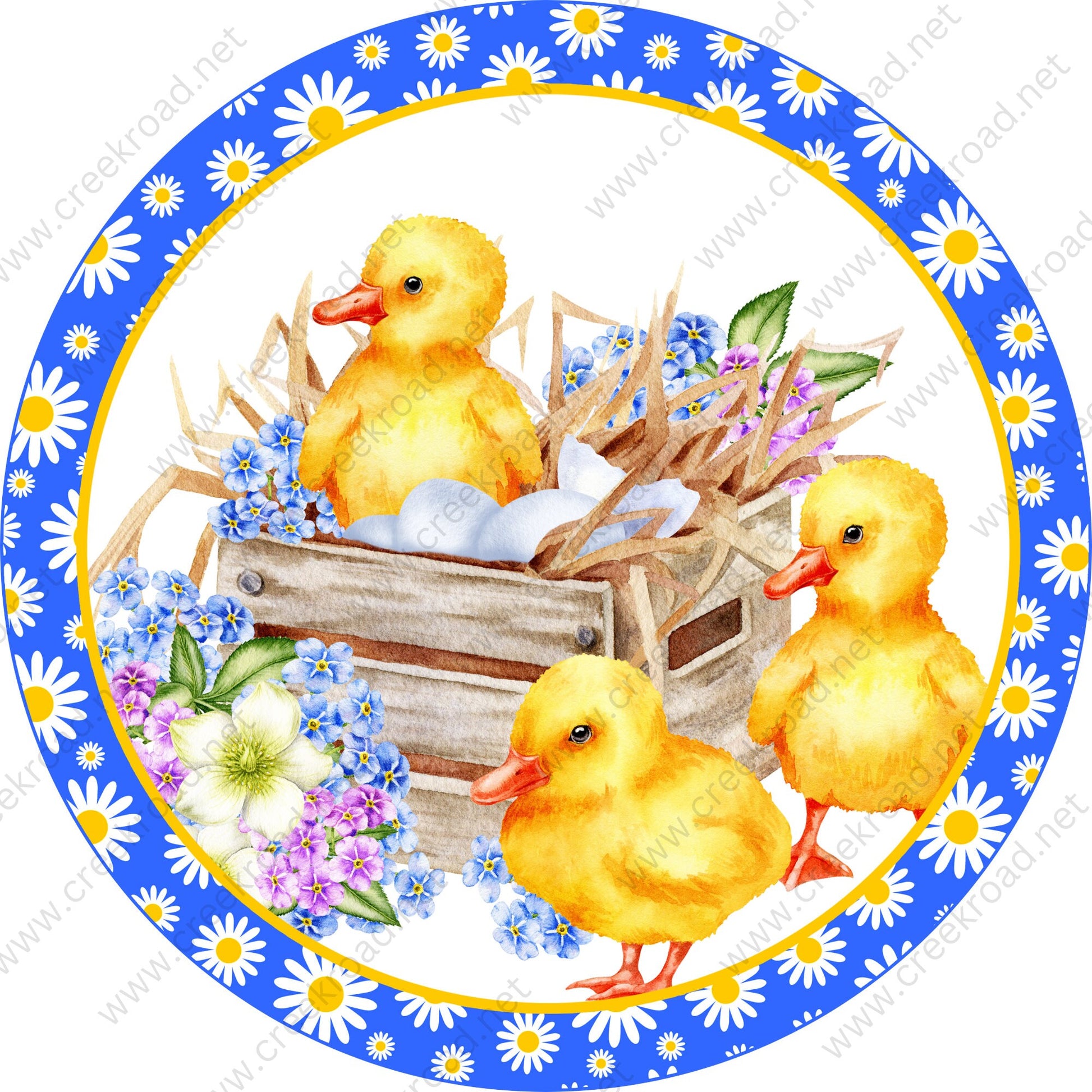 Baby Ducklings in Crate of Spring Flowers with White Yellow Daisy Border Wreath Sign-Sublimation-Aluminum-Round-Spring-Summer-Decor