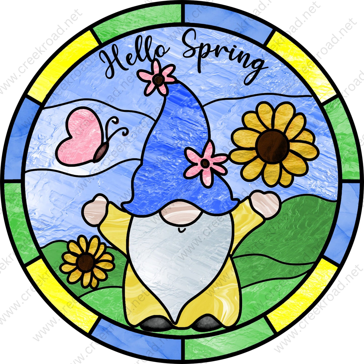 Hello Spring Gnome with Sunflowers Butterfly Yellow Blue Green Border Wreath Sign-Sublimation-Aluminum-Round-Spring-Summer-Decor