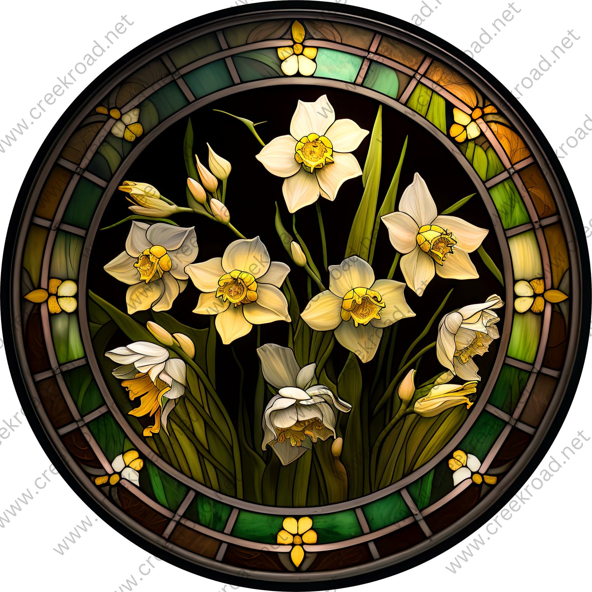 Birth Flower of March Jonquil Flowers FAUX Stained Glass Wreath Sign-Green Yellow Orange-Flowers-Everyday-Sublimation-Attachment-Decor