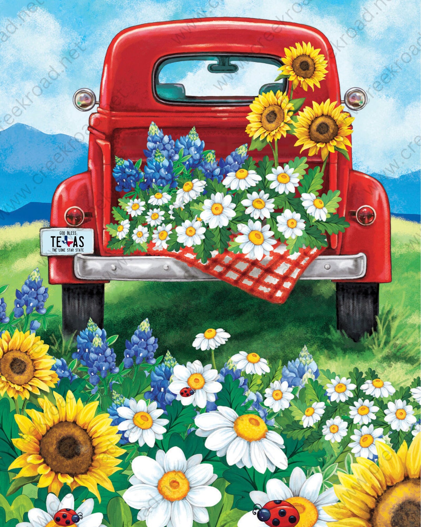 Red Truck in Spring Meadow of Sunflowers Bluebonnets Daisies Wreath Sign-Lady Bug-Flowers-8.00" x 10.00" Sublimation-Spring-Metal Sign