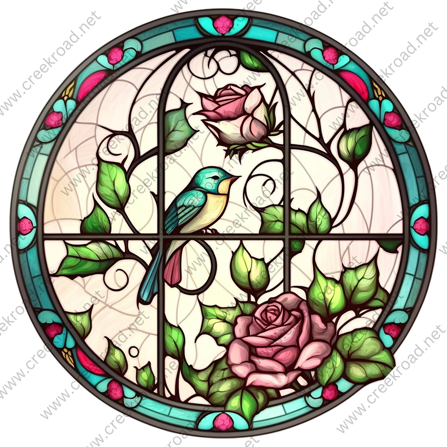 Spring Bird Perched in Flower Garden FAUX Stained Glass Wreath Sign-Flowers-Everyday-Sublimation-Attachment-Decor