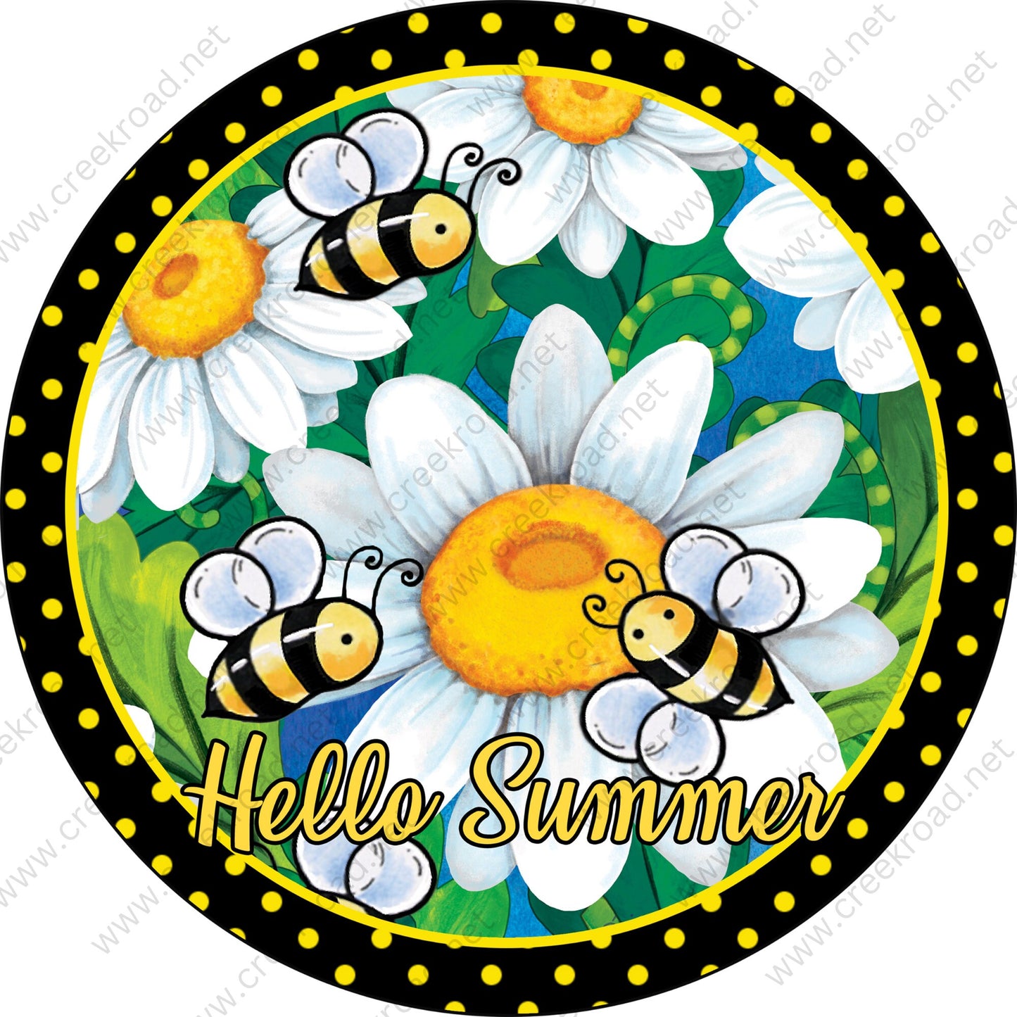 Hello Summer Bumble Bees Flying Around Daisies with Black Yellow Polka Dot Border-Wreath Sign-Sublimation-Summer-Attachment-Aluminum-Decor