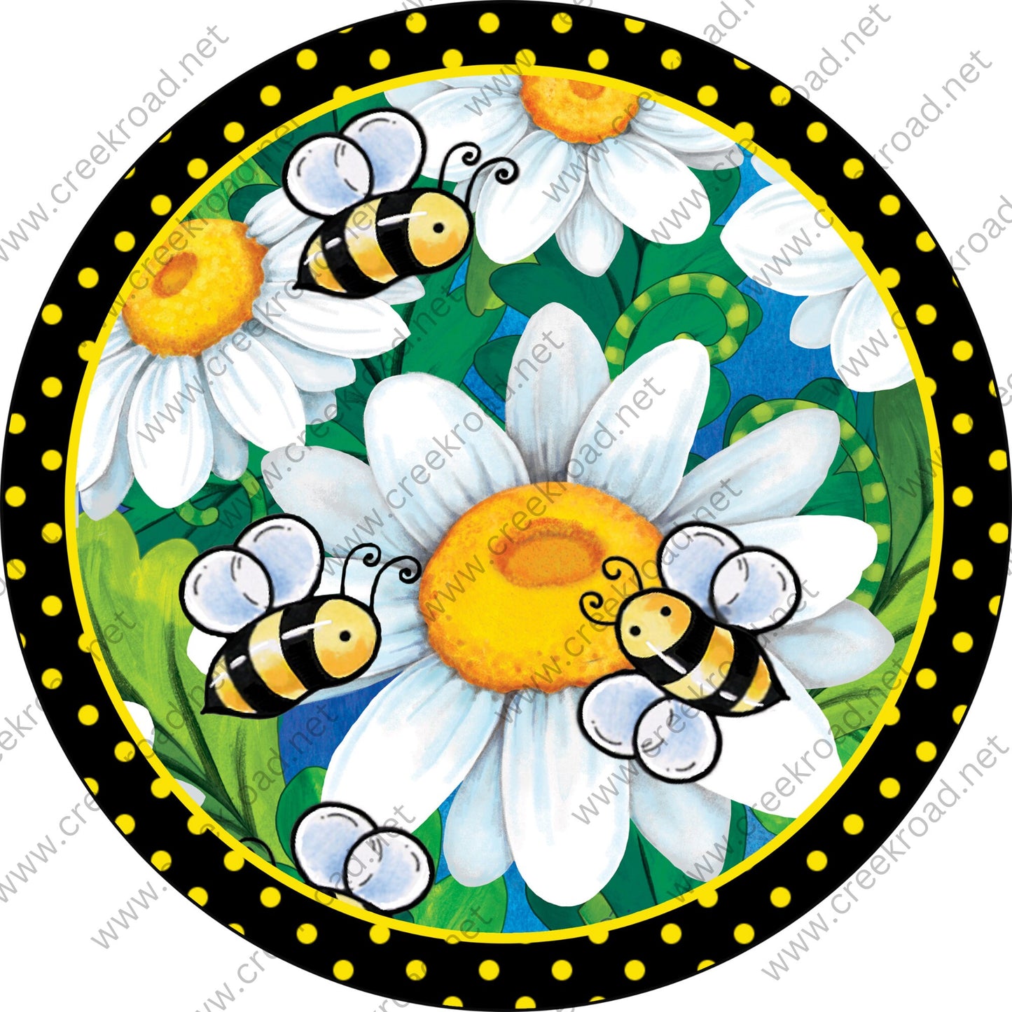 Hello Summer Bumble Bees Flying Around Daisies with Black Yellow Polka Dot Border-Wreath Sign-Sublimation-Summer-Attachment-Aluminum-Decor