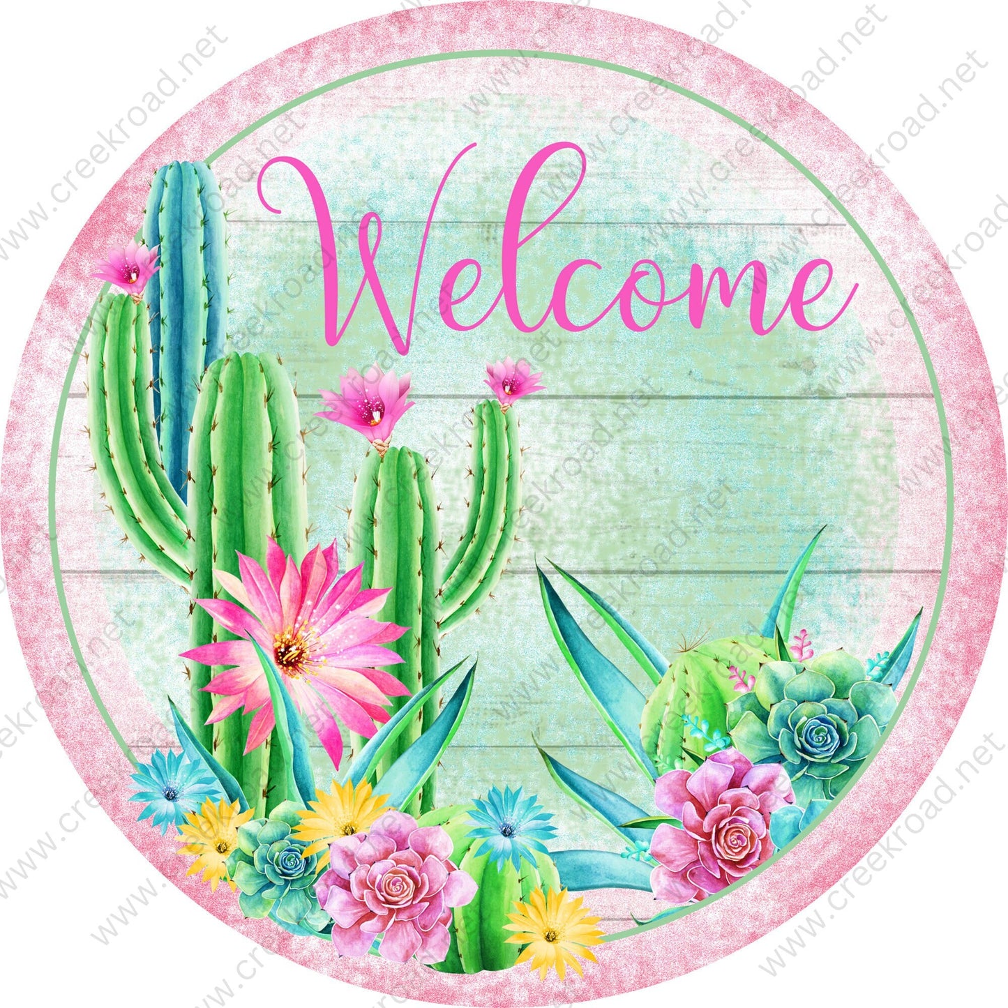 Welcome Cactus Succulents and Flowers on Pink Solid Border Wreath Sign-CHOOSE A FINISH-Sublimation-Aluminum-Attachment-Decor-Spring-Summer