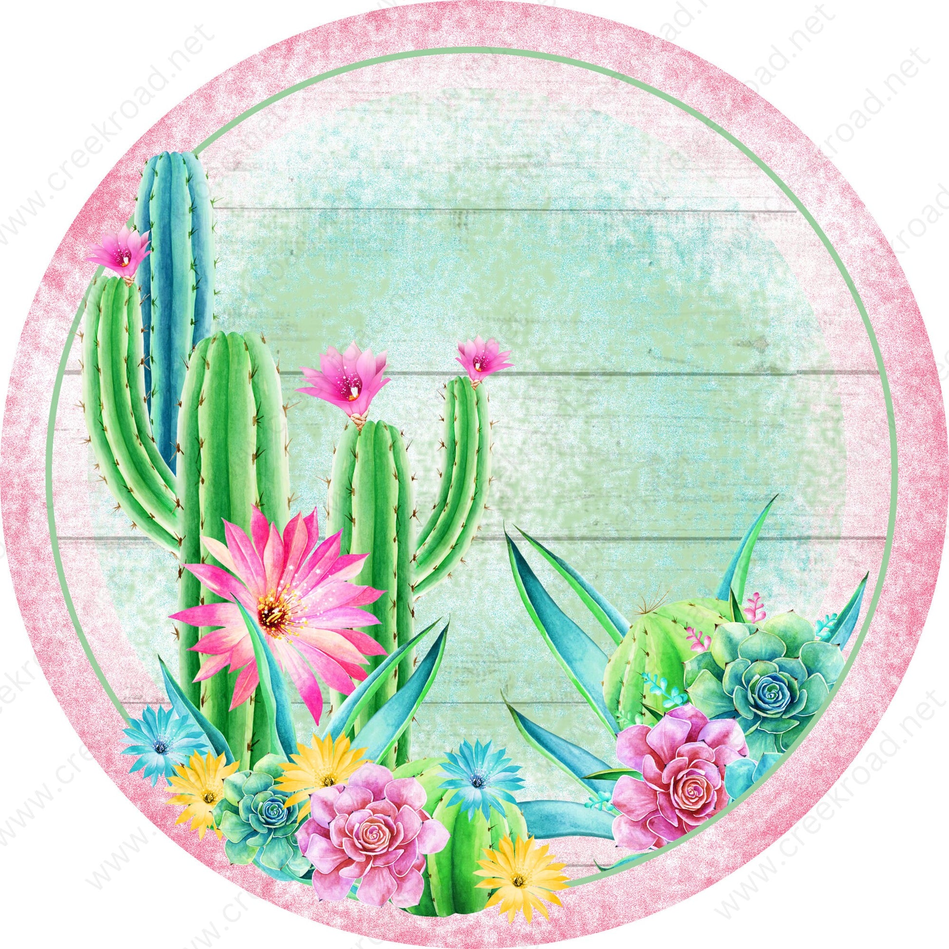 Welcome Cactus Succulents and Flowers on Pink Solid Border Wreath Sign-CHOOSE A FINISH-Sublimation-Aluminum-Attachment-Decor-Spring-Summer