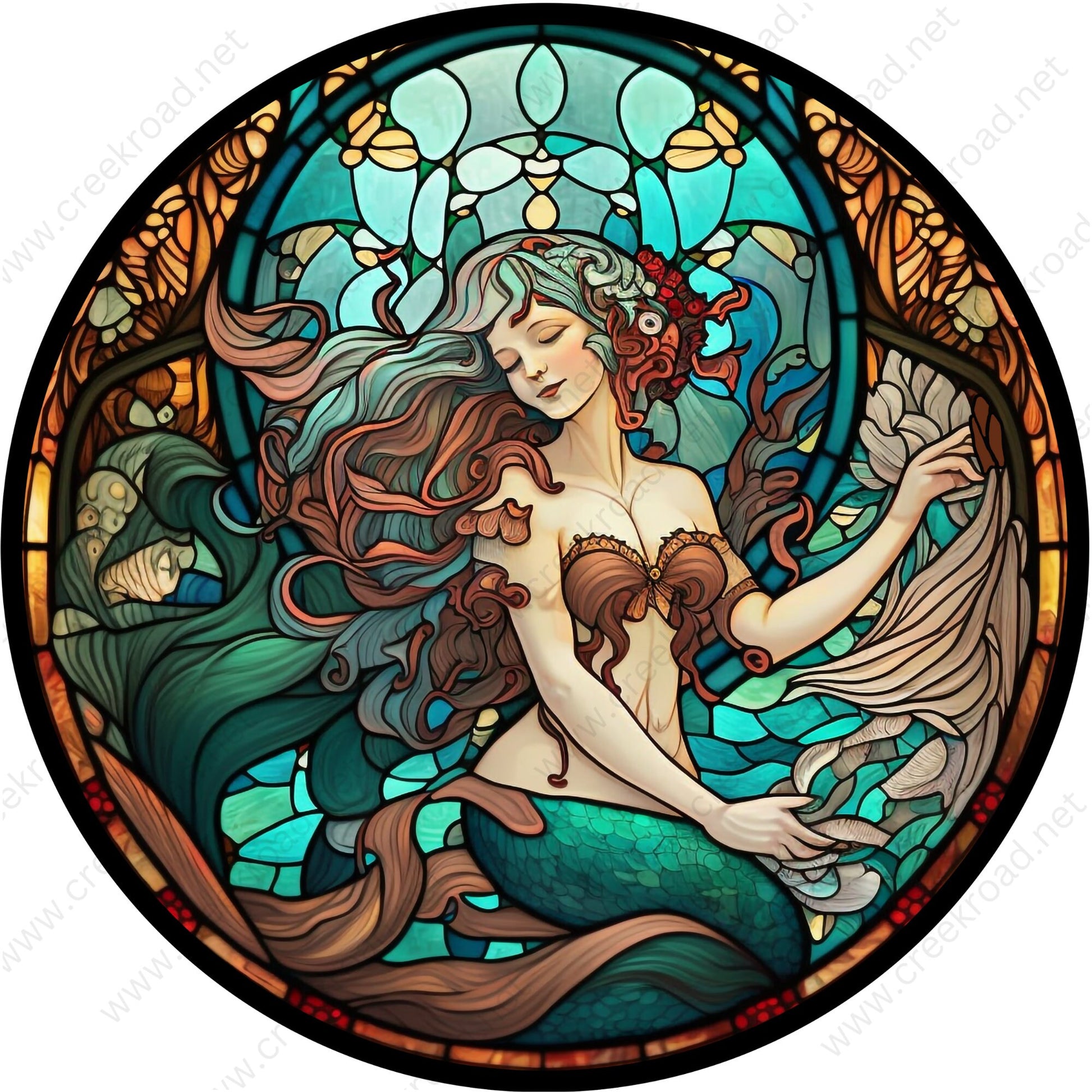 Mermaid Teal Faux Stained Glass Wreath Sign-Round-Sublimation-Decor-Attachment