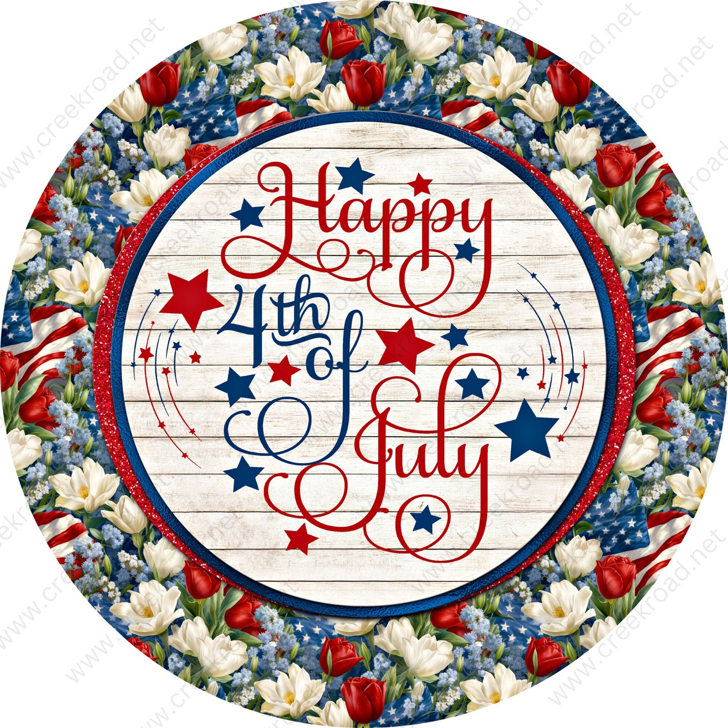 Happy 4th of July on Shiplap background Spring Floral American Flag Wreath Sign-Round-Sublimation-Aluminum-Attachment-Decor