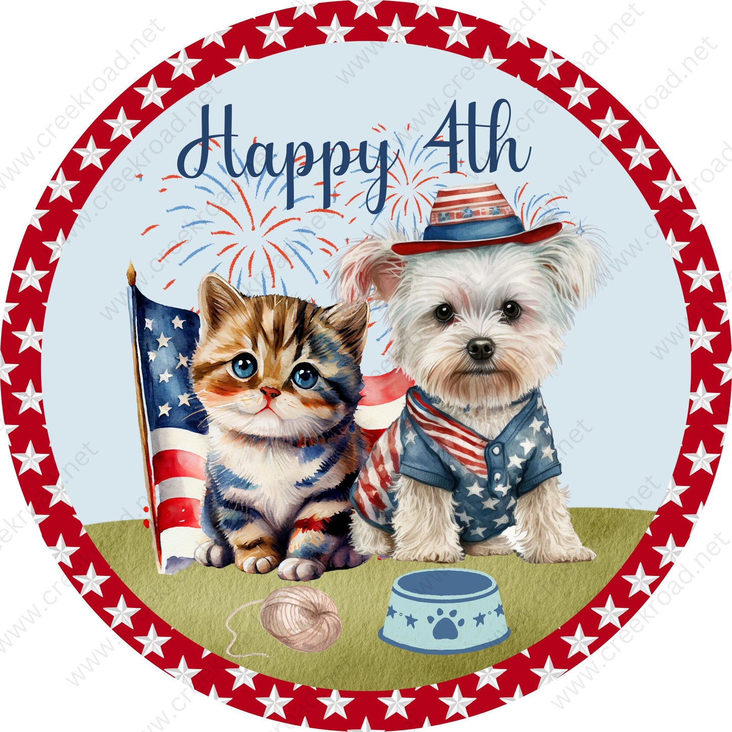 Happy 4th Patriotic Cat & Dog with Fireworks in Background Wreath Sign-Round-Sublimation-Aluminum-Attachment-Decor