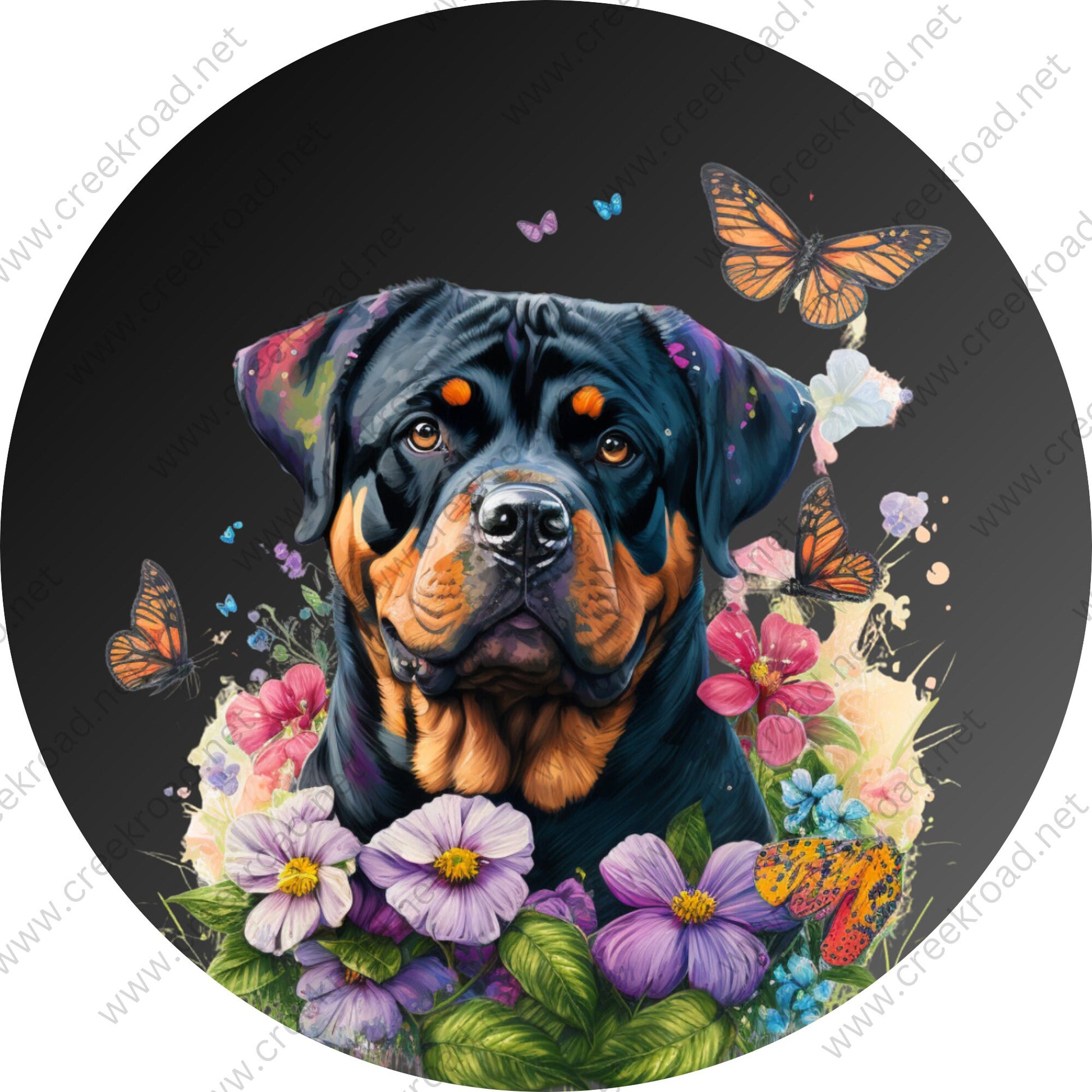 Black Rottweiler Surrounded with Flowers and Butterflies Wreath Sign-CHOOSE YOUR COLOR-Round-Pet-Dog-Sublimation-Aluminum-Attachment-Decor