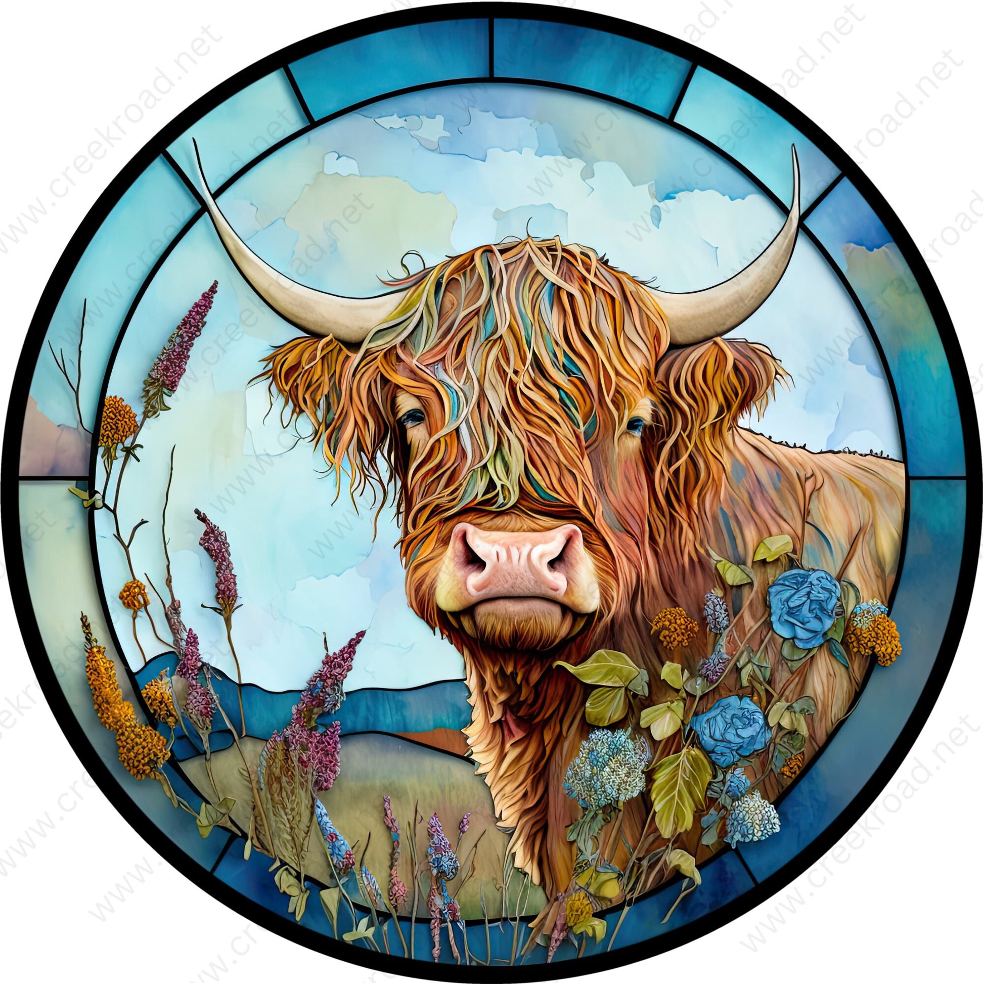 Highland Cow Brown with Horns Faux Stained Glass Wreath Sign-Round-Sublimation-Farm-Decor