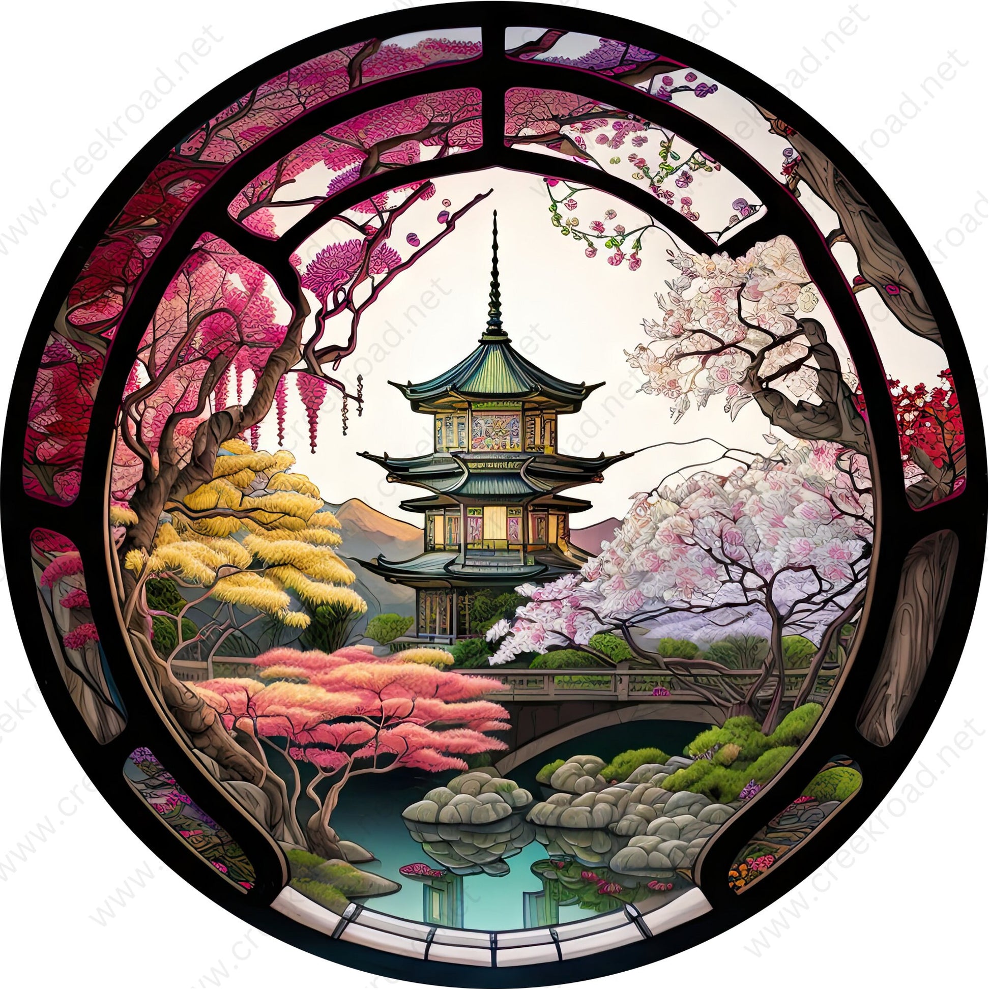 Japanese Pagoda near Bridge Spring Folliage Faux Stained Glass Wreath Sign-Round-Sublimation-Decor