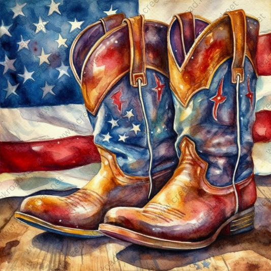 Patriotic Cowboy Boots with American Flag Background 10" x 10" Square Wreath Sign-Round-Sublimation-Decor