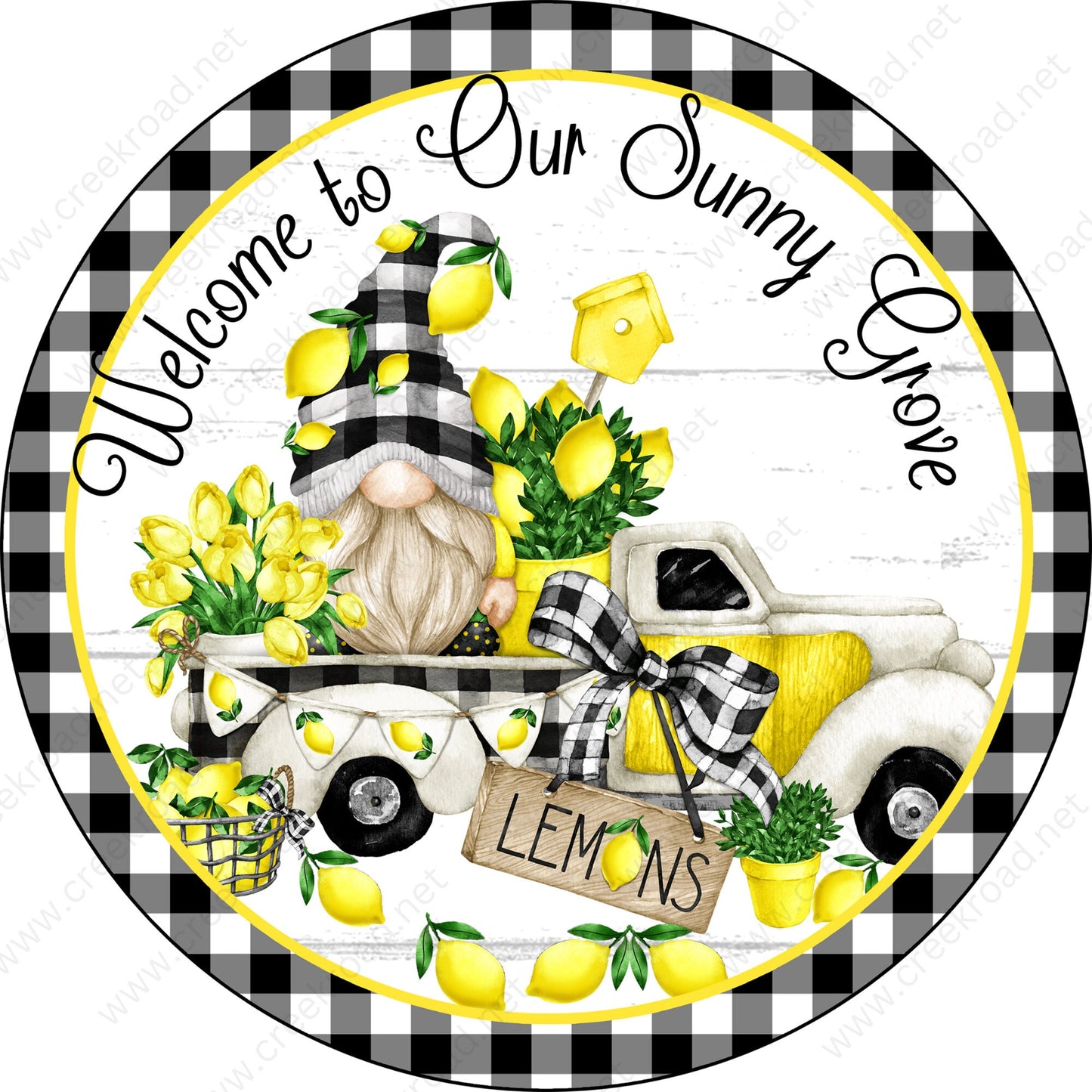 Welcome to Our Sunny Grove Lemon Truck Black Gingham Border Wreath Sign-Round-Sublimation-Decor