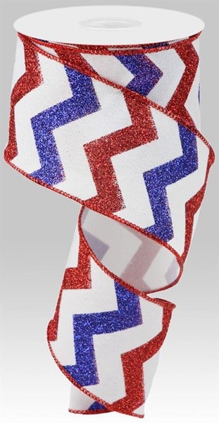 2.5" X 10Yd Wired Glitter Chevron On Faux Royal Ribbon-RGC12367J-White/Red/Blue-Wreaths-Crafting-Supplies