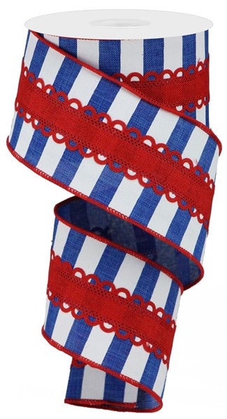 2.5" X 10Yd Wired Royal Lace/Horizontal Stripe Ribbon-RG08091WR-White/Red/Blue-Wreaths-Crafting-Supplies