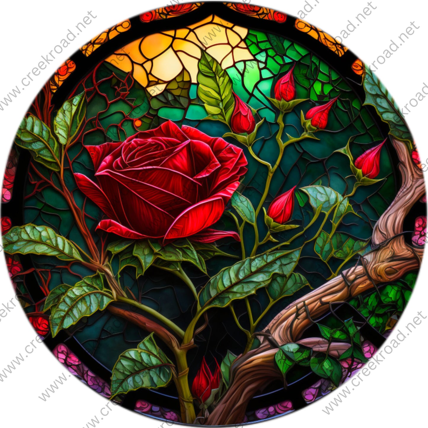 Single Red Rose Faux Stained Glass with Blue Border Wreath Sign-Sublimation-Round-Spring-Summer-Decor