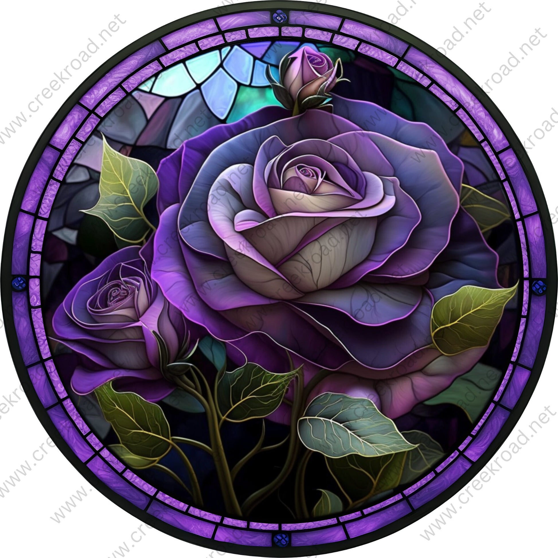 Beautiful Purple Rose Faux Stained Glass with Blue Border Wreath Sign-Sublimation-Round-Spring-Summer-Decor