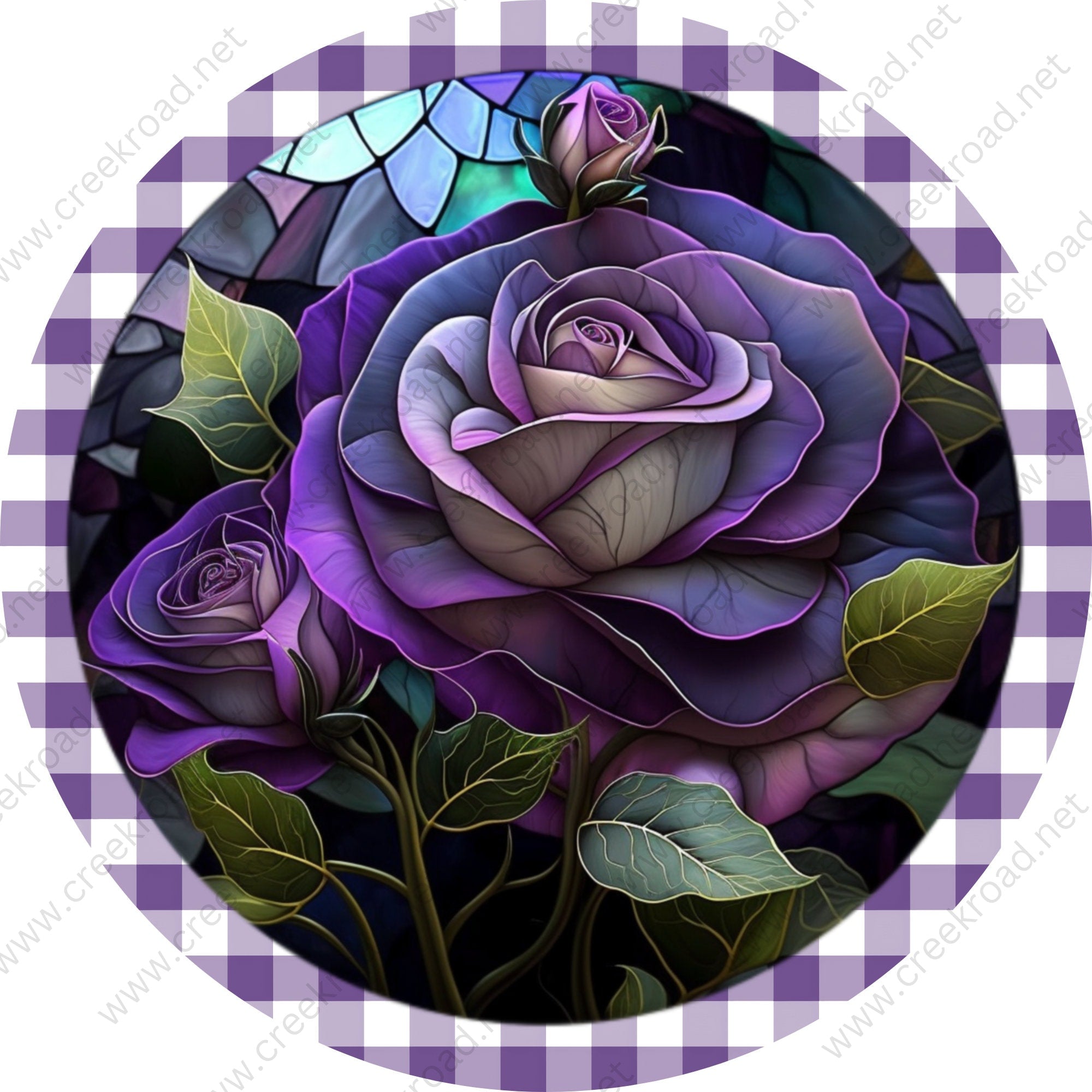 Purple Check Red Beautiful Purple Rose with purple white checkered Border Wreath Sign-S ...