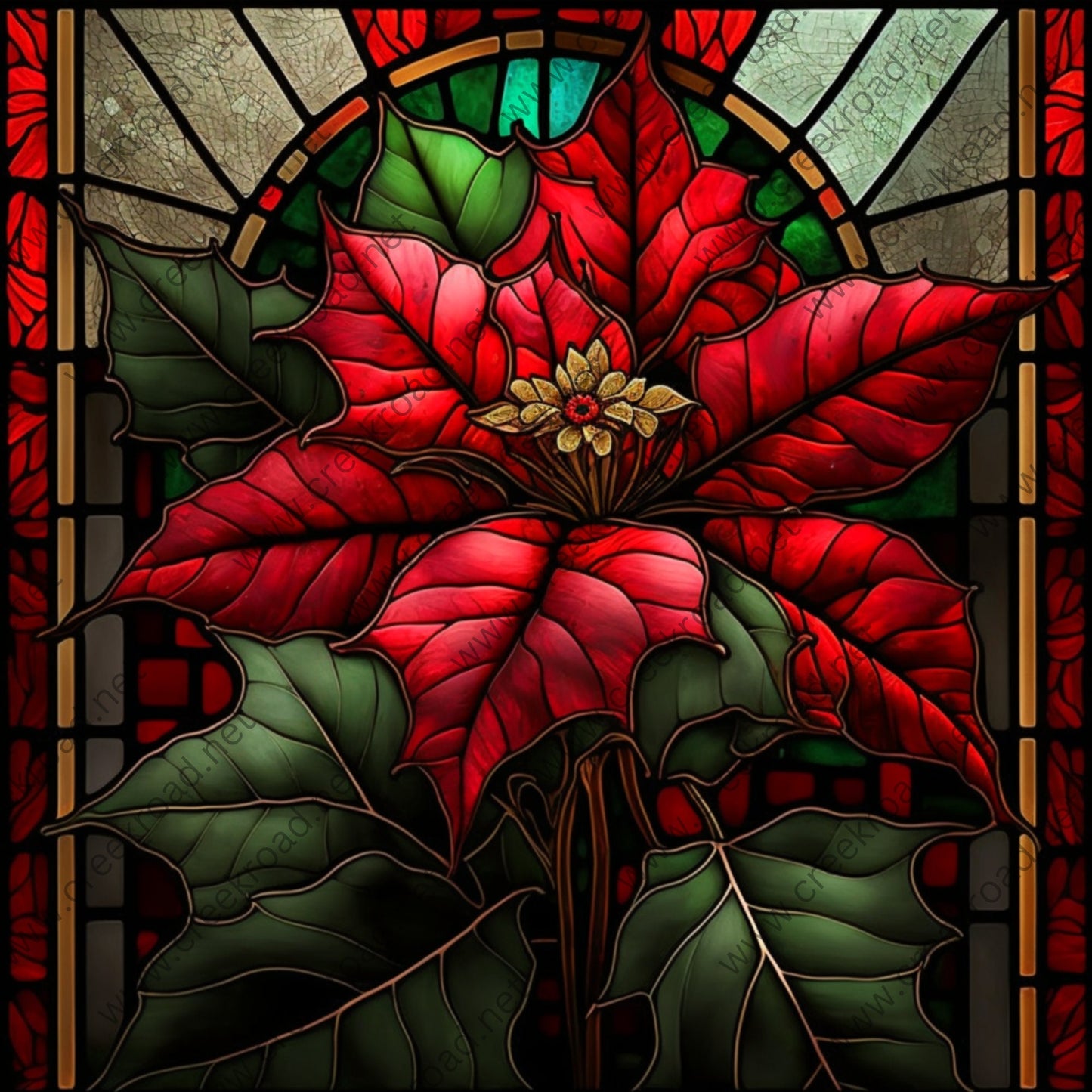 Stunning Single Poinsettia Faux Stained Glass Wreath Sign 10" x 10" Square-Sublimation-Round-Christmas-Fall-Decor