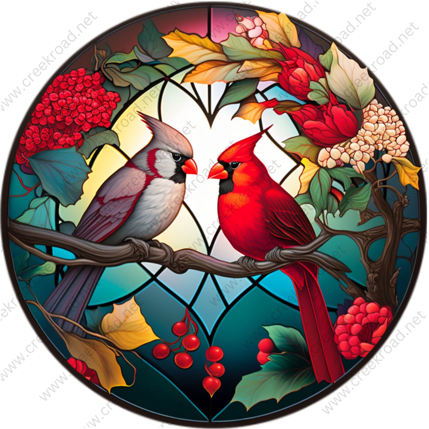 Red Cardinal White Cardinal on Branch Faux Stained Glass Wreath Sign-Round-Sublimation-Everyday-Spring-Decor