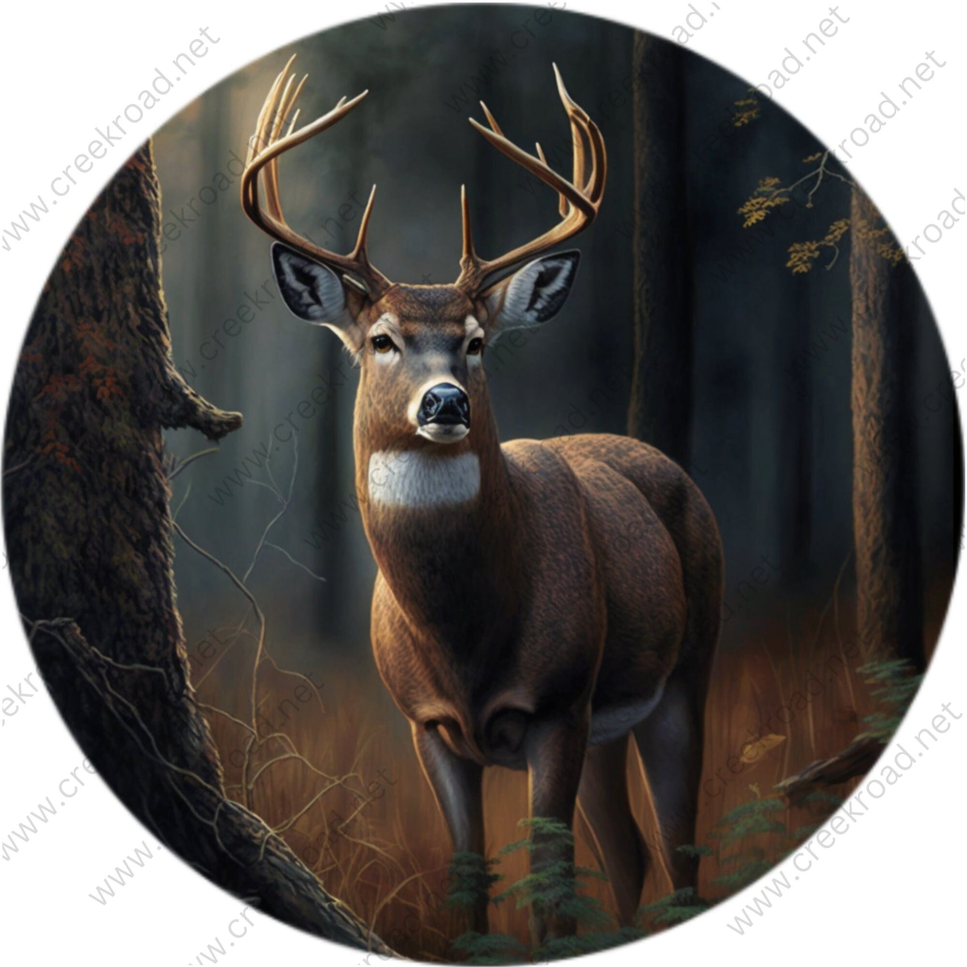 Buck Deer in Standing in Woods Wreath Sign-Round-Sublimation-Everyday-Decor