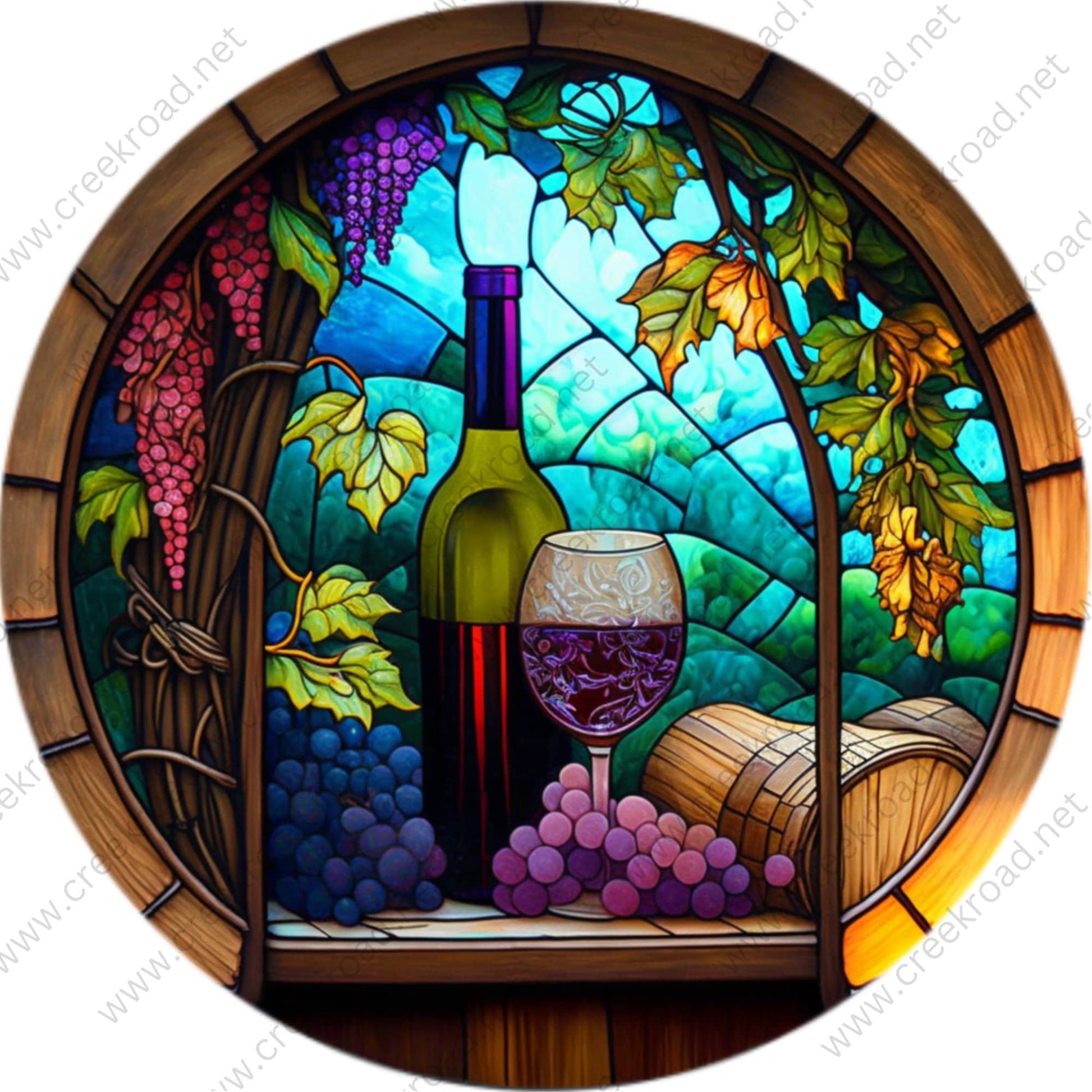 Wine in the Vineyards Bottle Wine Glass Grapes Faux Stained Glass Wreath Sign-Round-Sublimation-Everyday-Decor