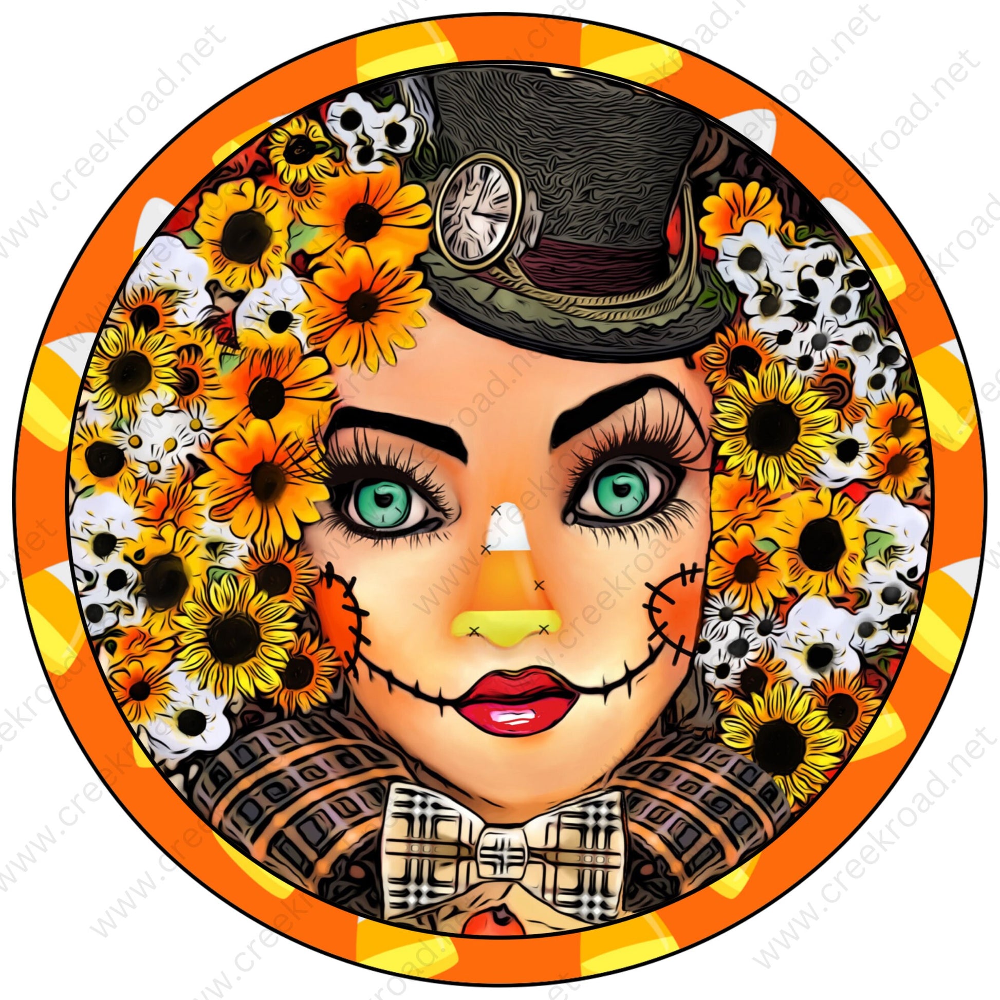 Scarecrow Lady with Floral Hair in Bow Tie and High Hat Halloween Sign -Sublimation - Wreath Sign - Metal Sign