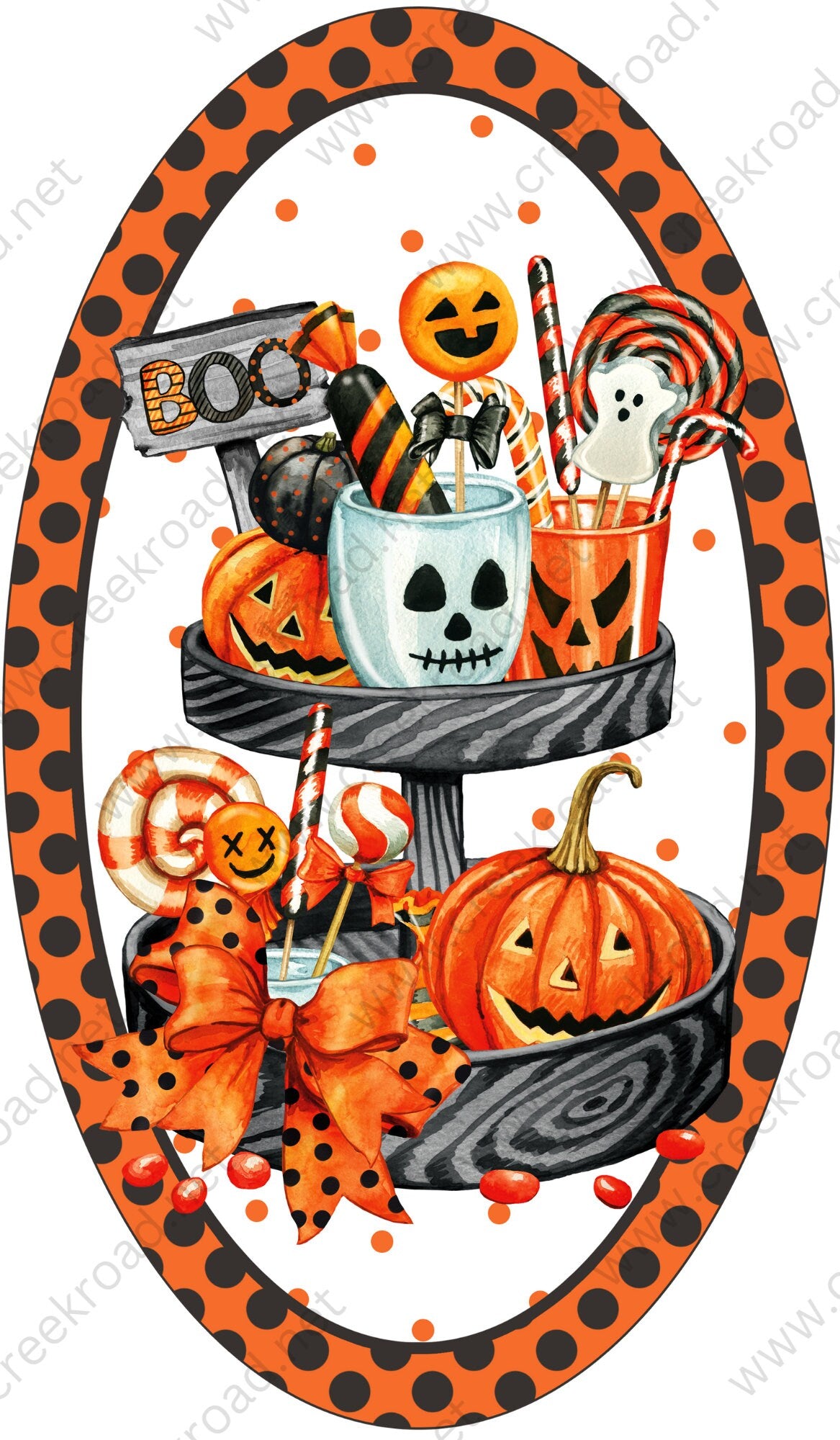 Boo Halloween Stacked Tray Pumpkins Candy Treats White Background Halloween Sign -Oval 7" x 12" - Sublimation - Wreath Sign - Metal Sign