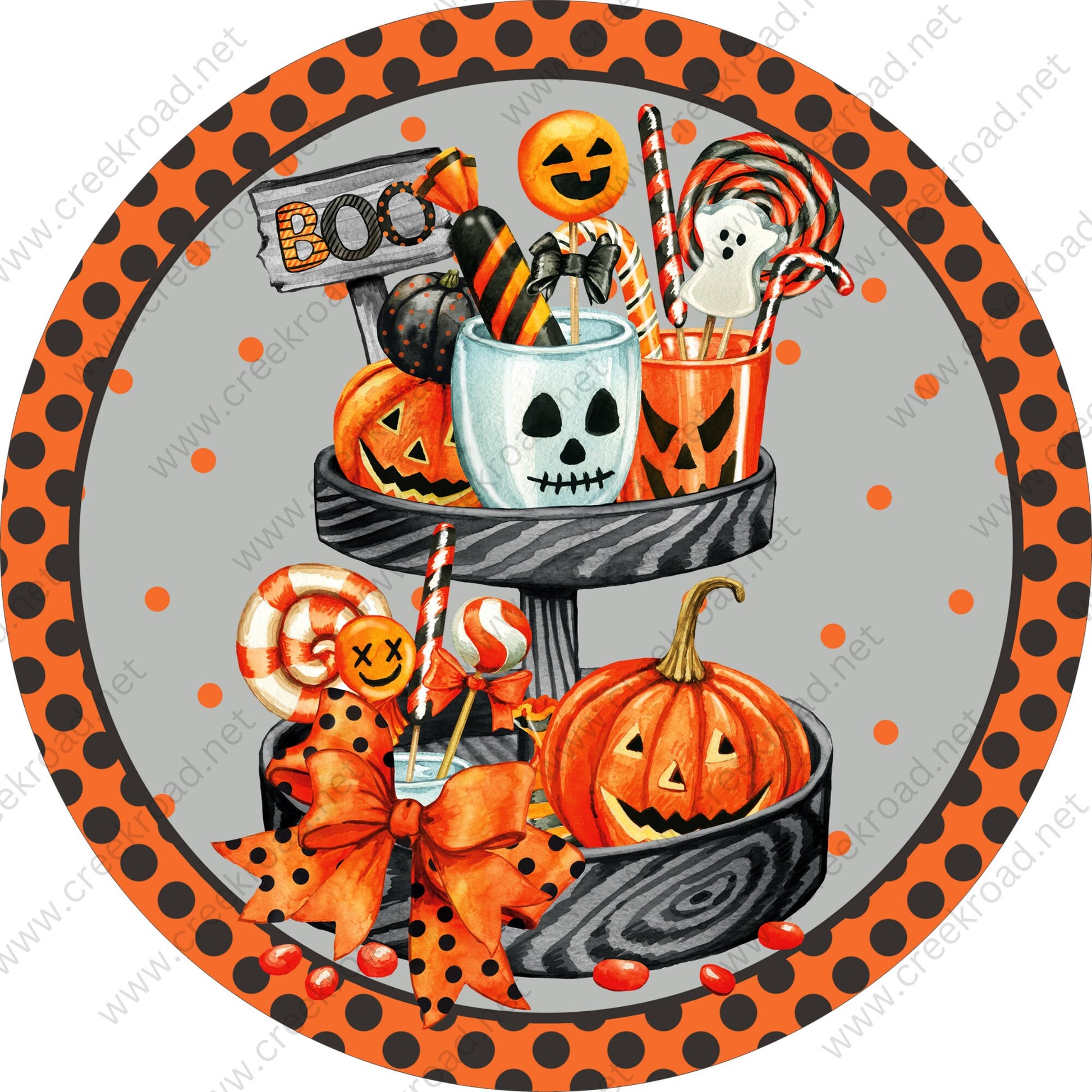 Boo Halloween Stacked Tray of Pumpkins Candy Treats Gray Background Halloween Sign -Sublimation - Wreath Sign - Round Metal Sign