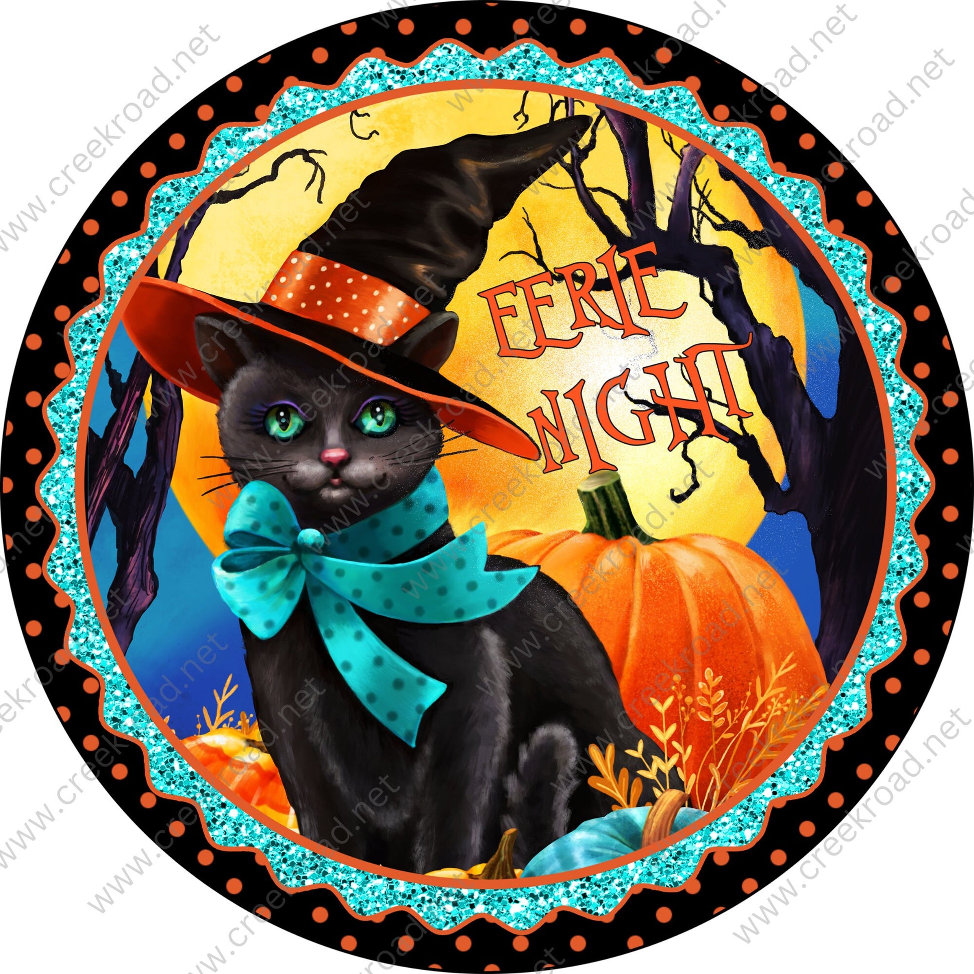 Eerie Night Cat with Witches Hat Pumpkin in Moonlight Black Orange Polka Dot Border Halloween Sign -Sublimation - Wreath Sign - Metal Sign